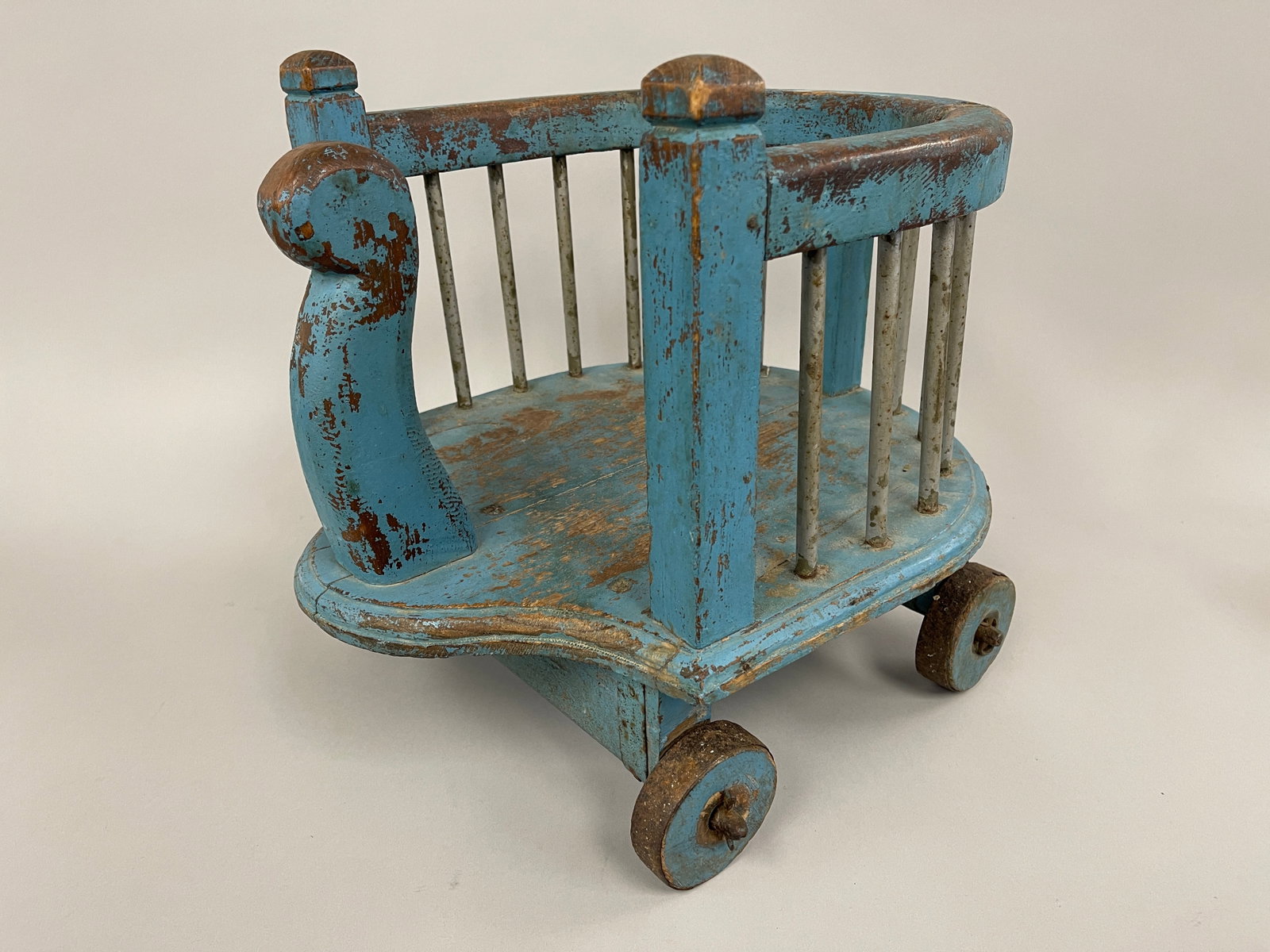 ANTIQUE CHILDS BABY TENDER ON WOOD WHEELS , BLUE PAINT: ANTIQUE CHILDS BABY TENDER ON WOOD WHEELS , BLUE PAINT