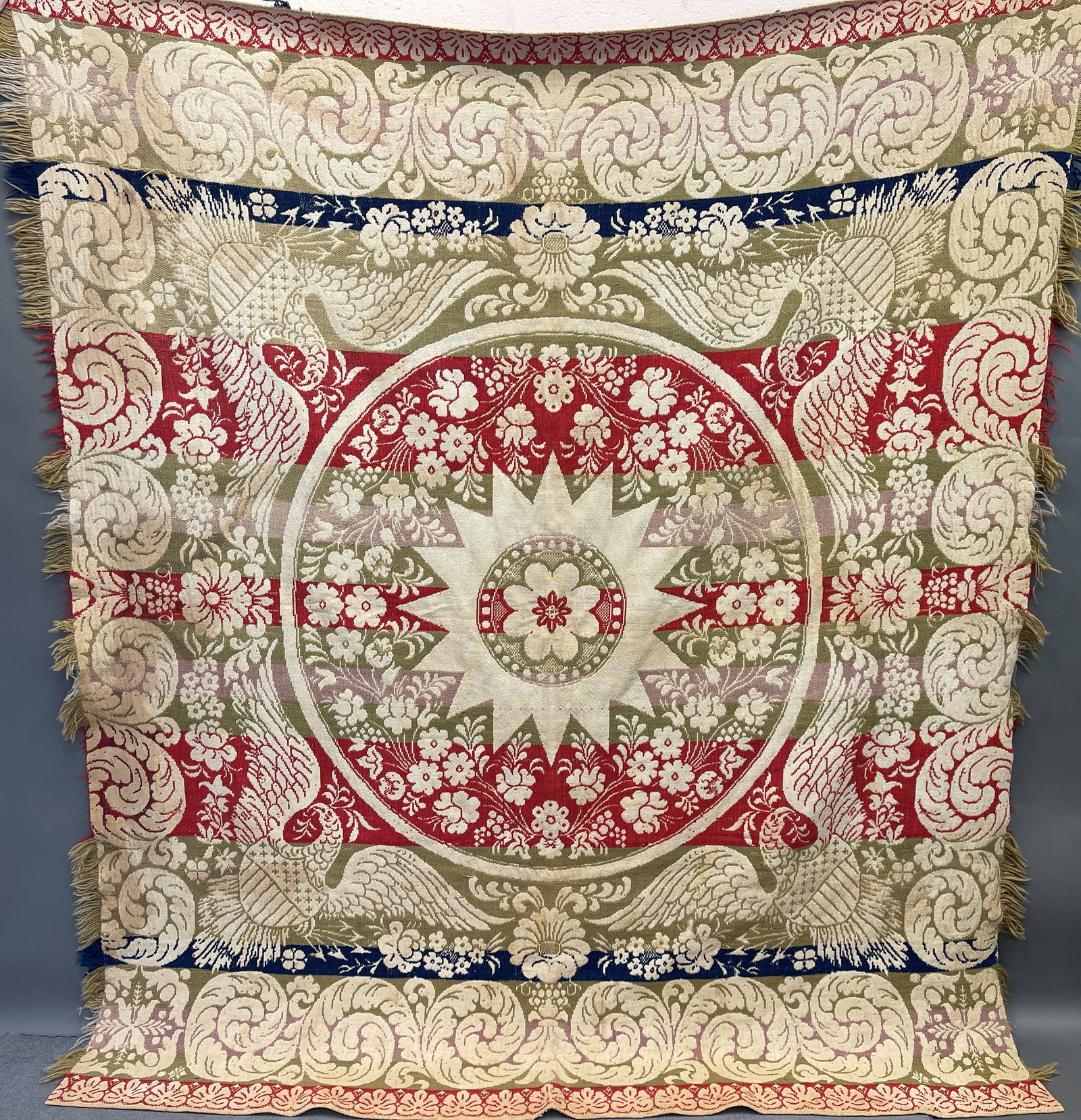 19TH C HAND LOOM WOVEN JACQUARD 5 COLOR COVERLET (1 of 2)