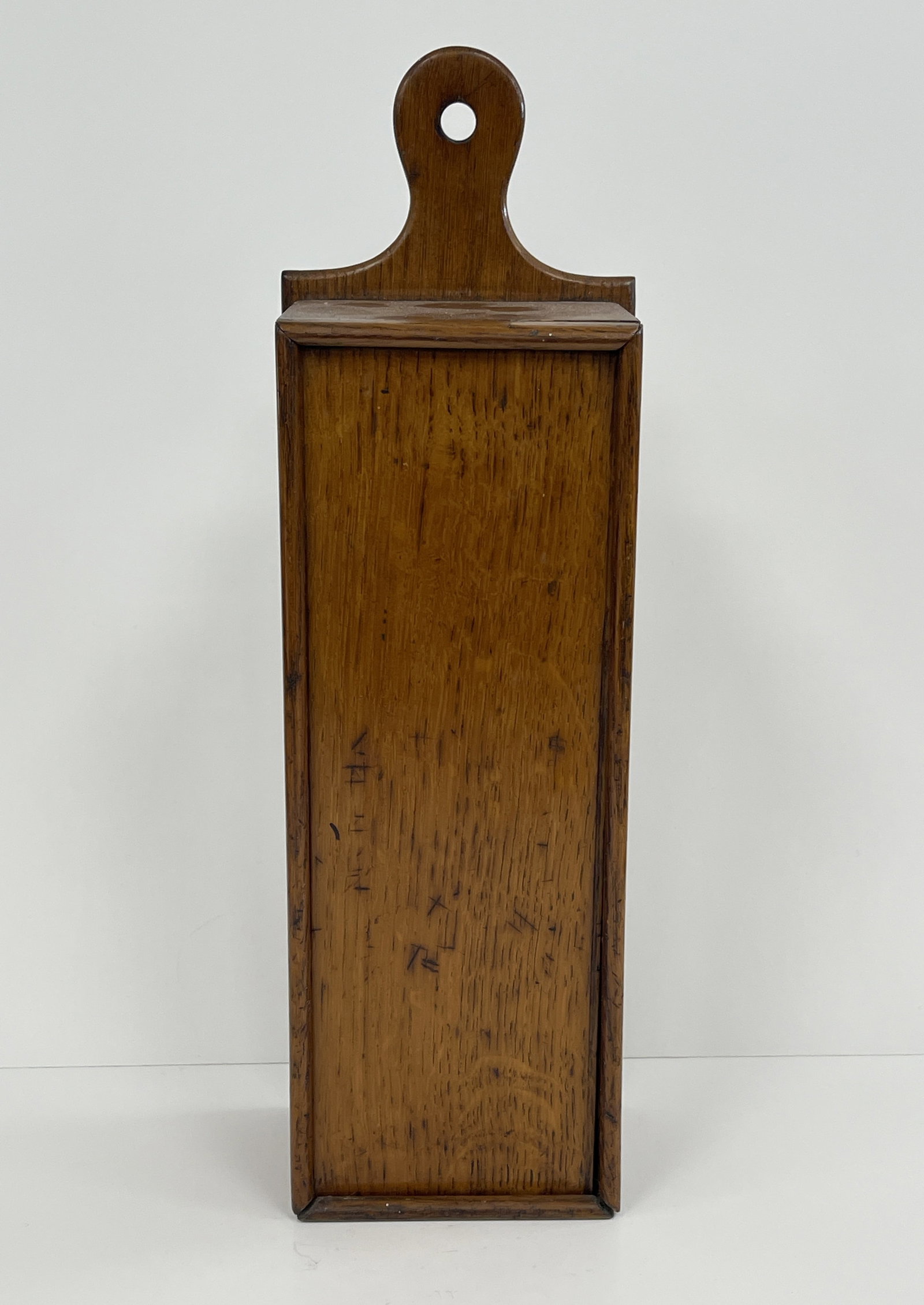 19TH C HANGING SLIDE LID CANDLE BOX: 19TH C HANGING SLIDE LID CANDLE BOX 17" X 4.5" X 4"