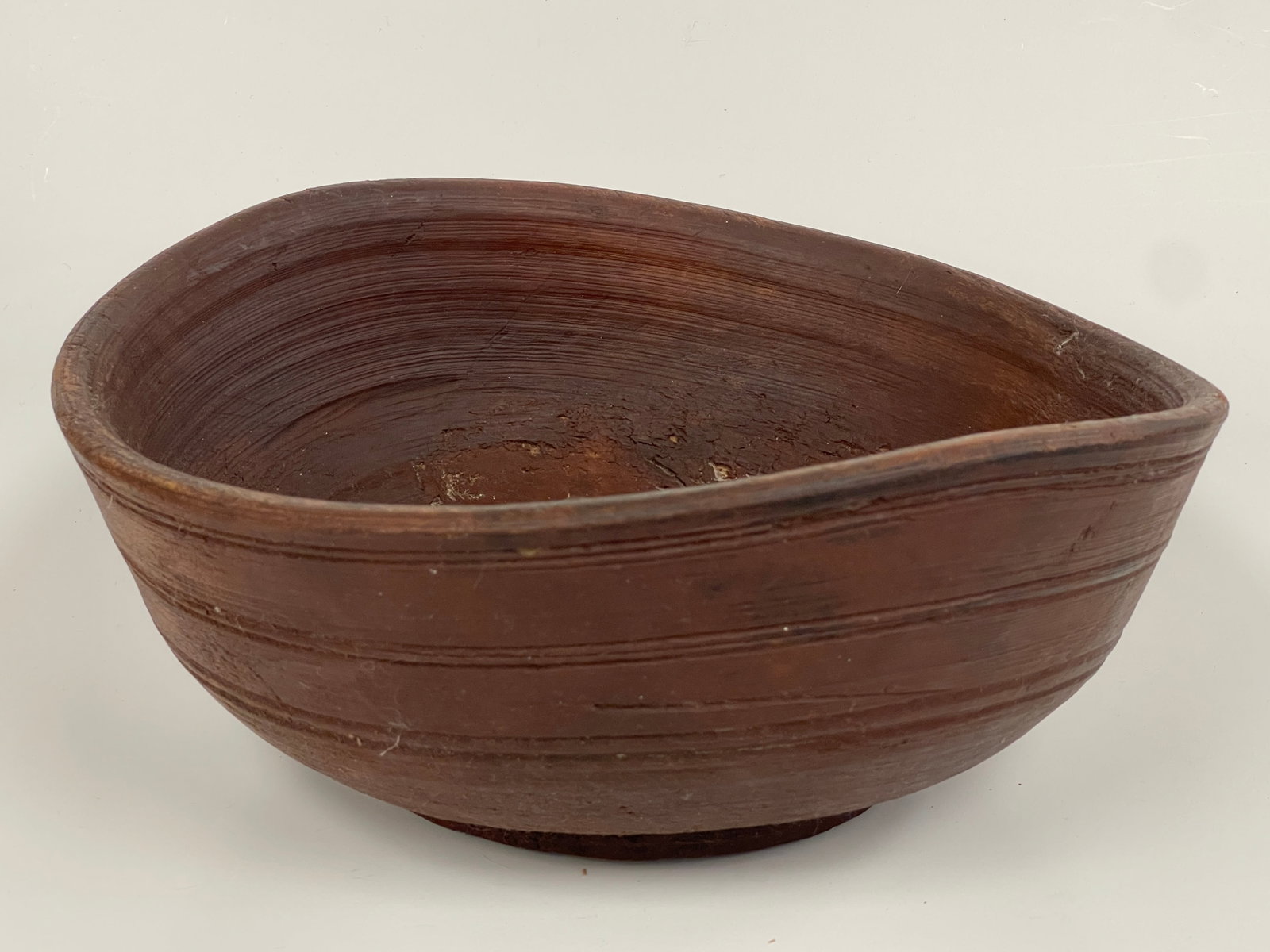 EARLY MISSHAPEN , WOODEN BOWL IN RED PAINT 12" X 3" (1 of 6)