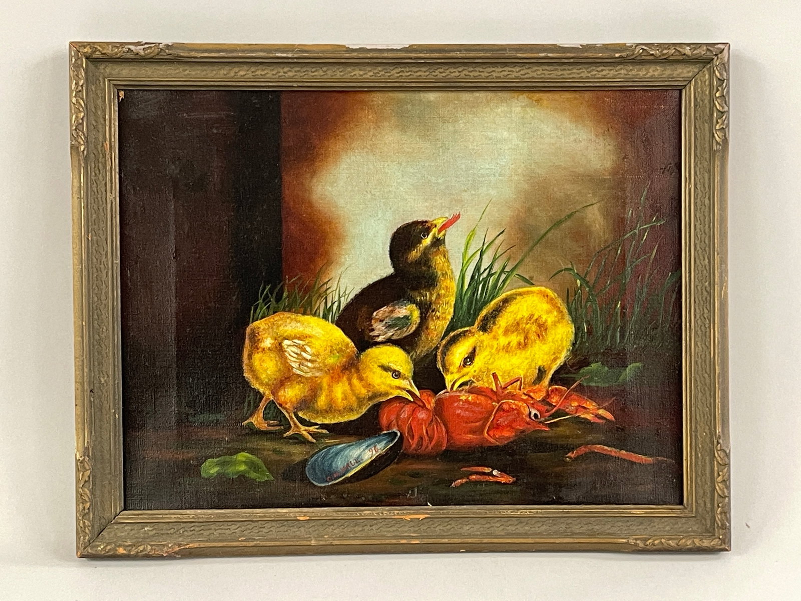 O/C PAINTING OF CHICKS W/ LOBSTER: O/C PAINTING OF CHICKS W/ LOBSTER 14 X 18