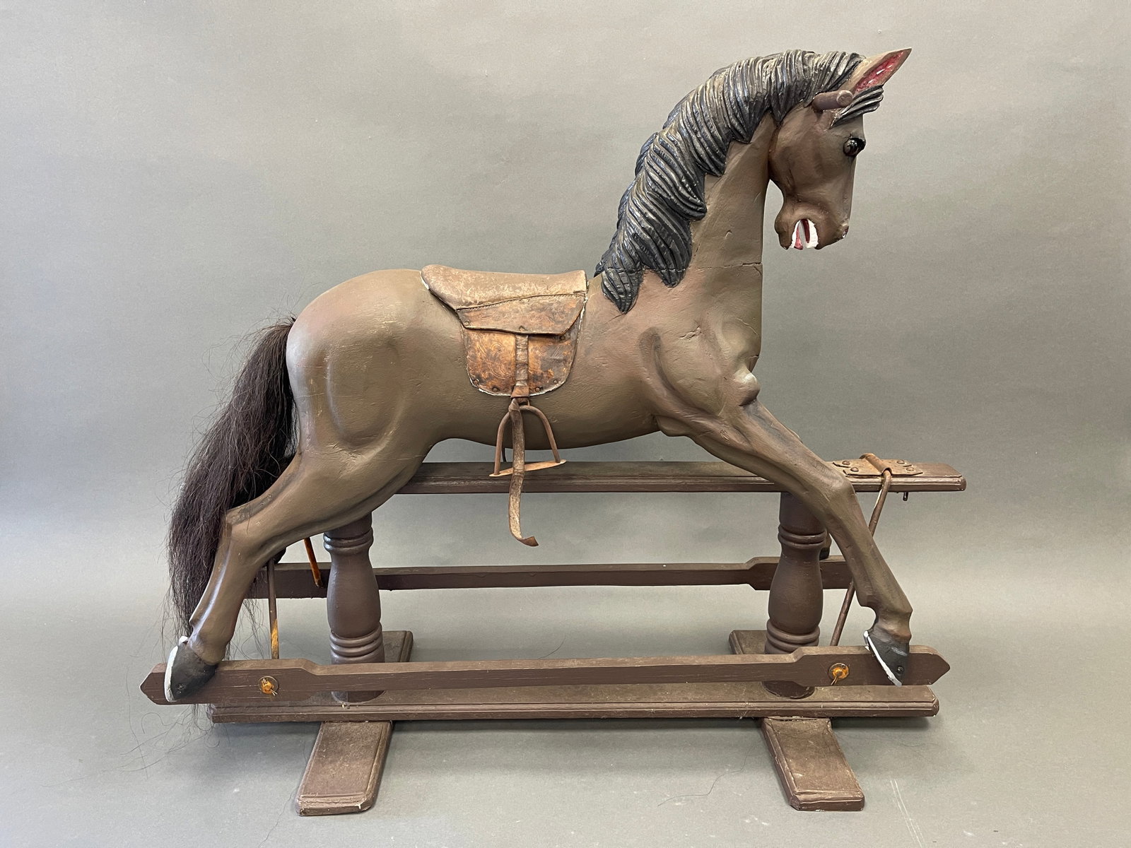 SWEET LITTLE CARVED WOOD ROCKING HORSE: SWEET LITTLE BROWN TANDEM BASE CARVED WOOD ROCKING HORSE 44" X 36"