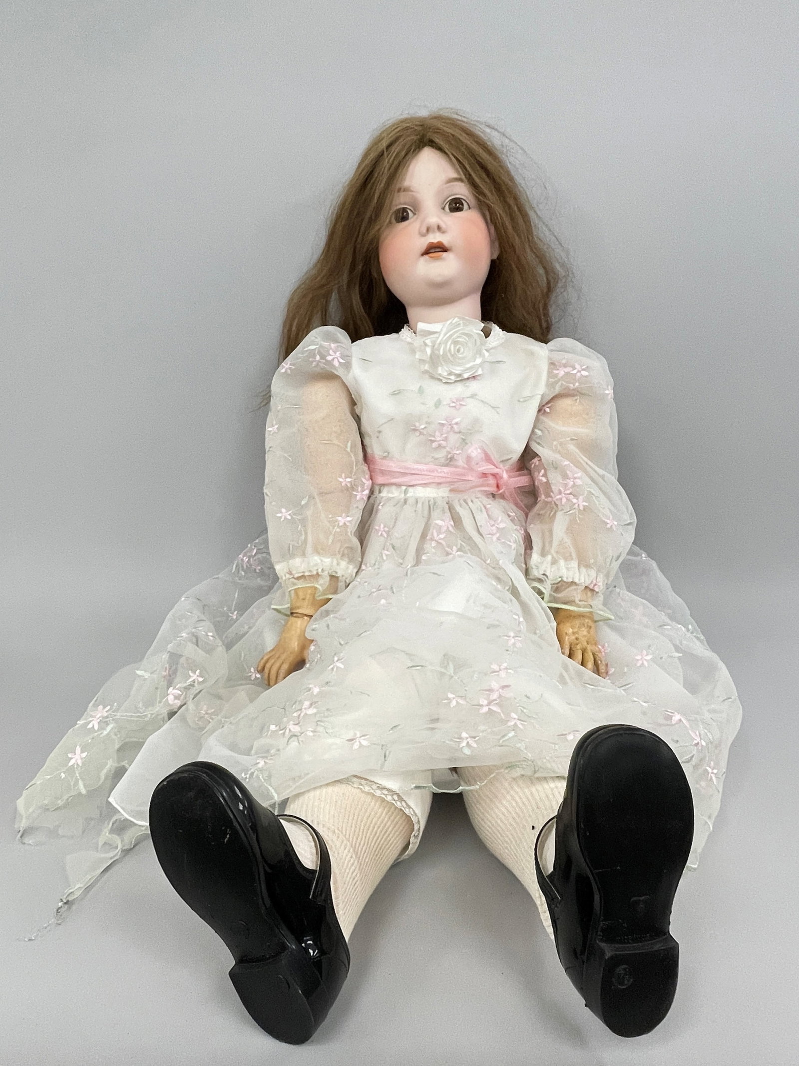 LARGE BISQUE HEAD DOLL SIGNED AM: LARGE BISQUE HEAD DOLL SIGNED AM 41" T
