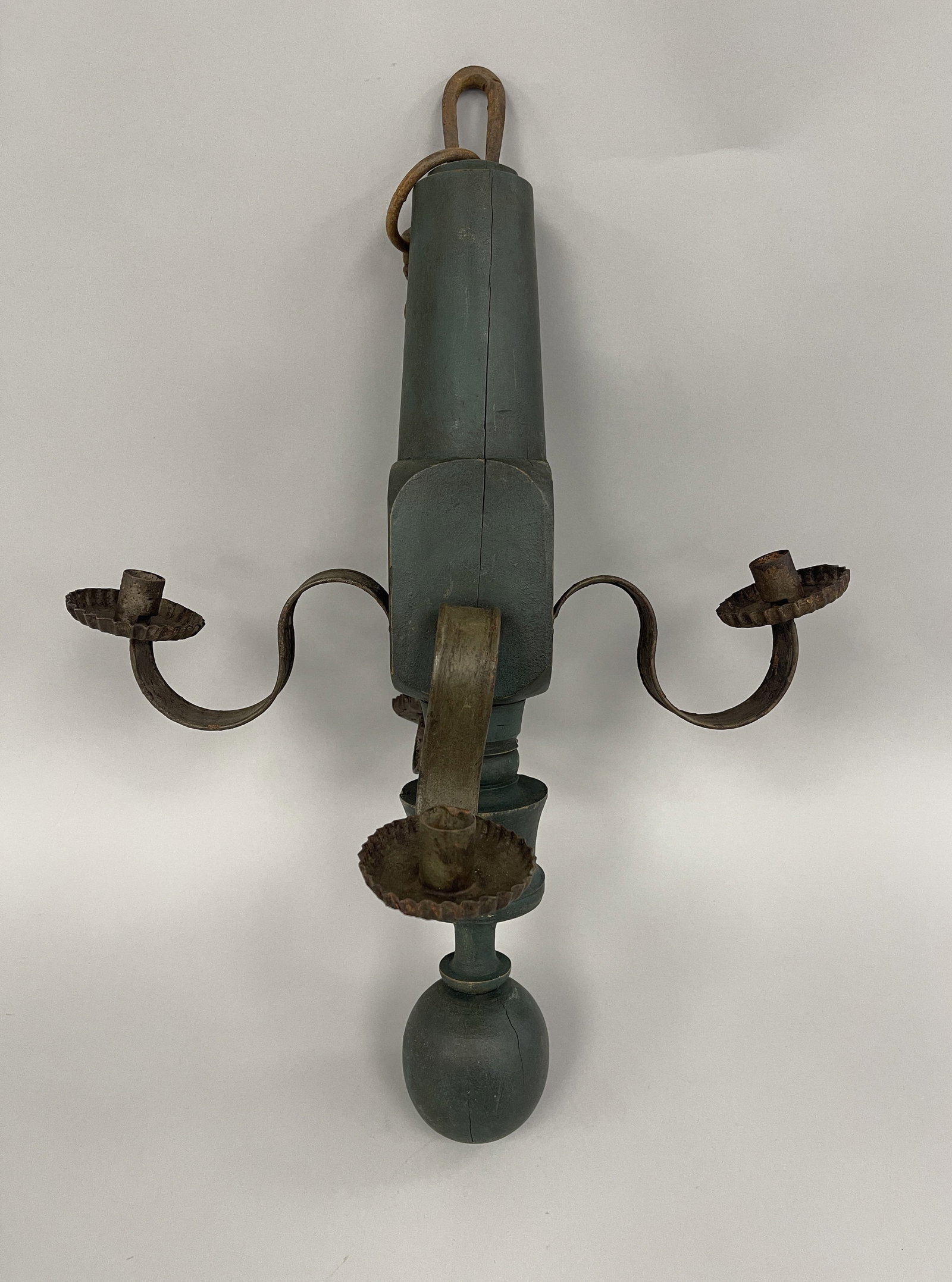 PAINTED TIN & WOOD CHANDELIER: PAINTED TIN & WOOD CHANDELIER 24" X 18"