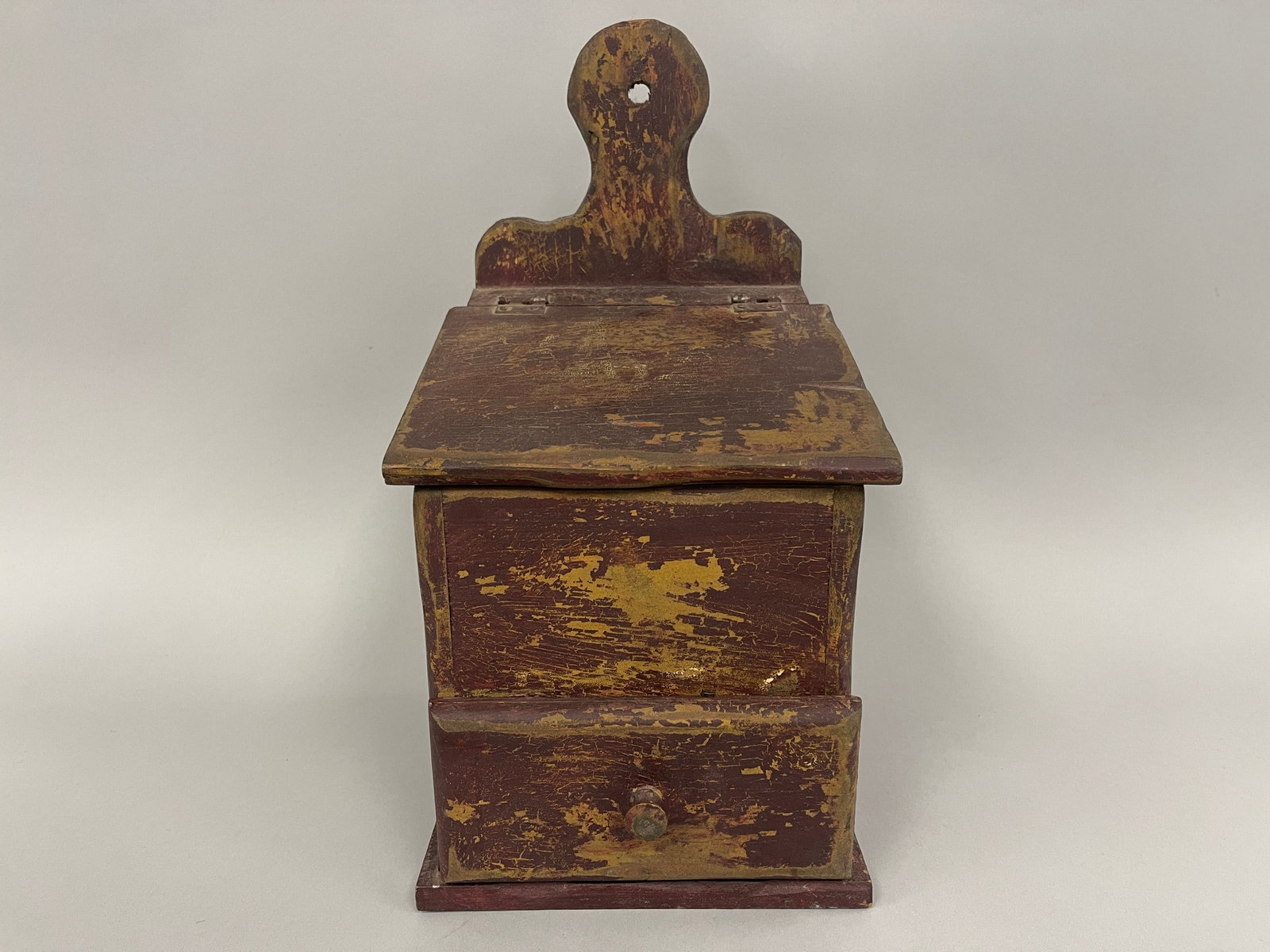 HANGING SALT BOX W/DRAWER IN ORIGINAL INDIAN RED COLOR: HANGING SALT BOX W/DRAWER IN ORIGINAL INDIAN RED COLOR