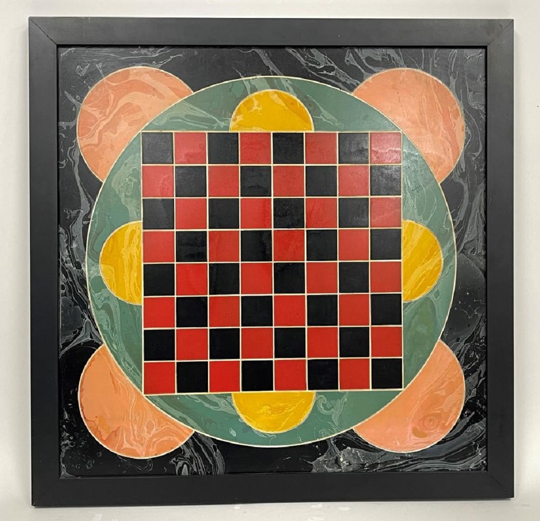 EXCEPTIONAL DECORATED GAMEBOARD 19TH C ,SLATE: EXCEPTIONAL DECORATED GAMEBOARD 19TH C ,SLATE , INCISED DESIGN, VIBRANT FINELY CRAZED ORIGINAL PAINT, CHECKERS PLAYING FIELD SURROUNDED BY MARBLEIZED CIRCULAR AND LOBED DESIGNS, MODERN FRAMED FOR HANG