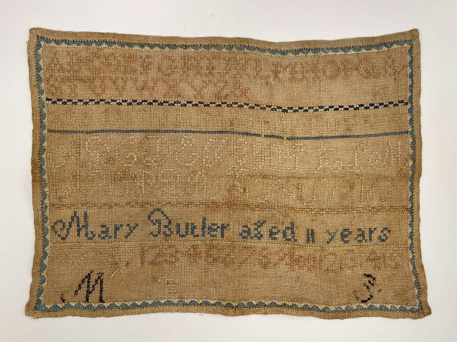 UNFRAMED HAND STITCHED NEEDLE WORK SCHOOLGIRL SAMPLER (1 of 2)