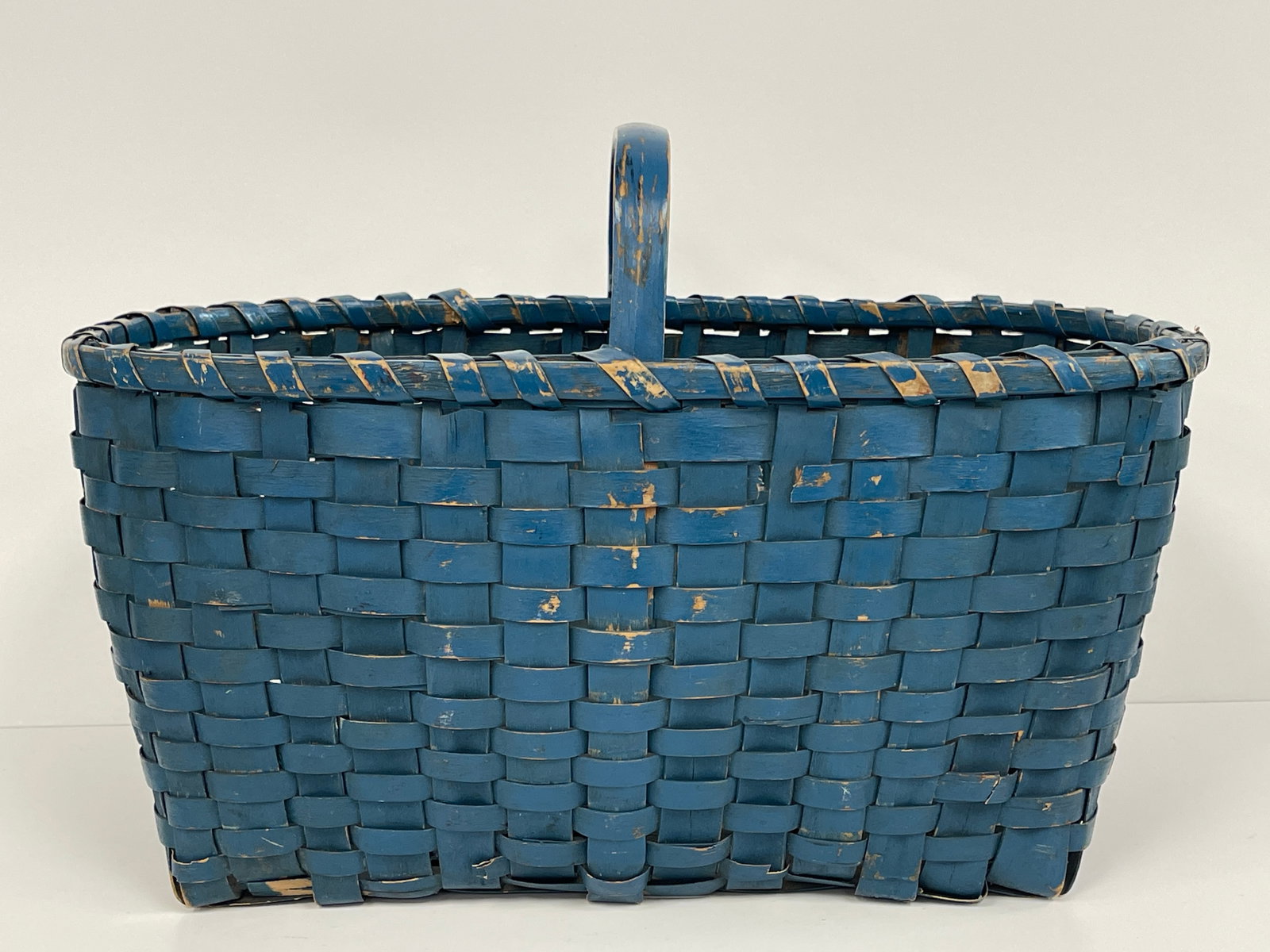 EARLY BLUE PAINTED BASKET: EARLY BLUE PAINTED RECTANGULAR BASKET