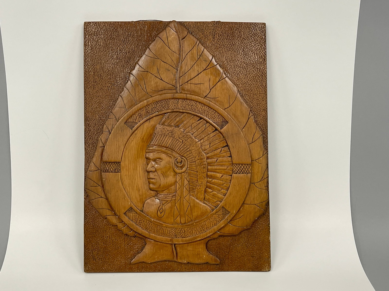 CARVED PLAQUE OF AN AMERICAN INDIAN CHIEF: CARVED PLAQUE OF AN AMERICAN INDIAN CHIEF 11" X 15"