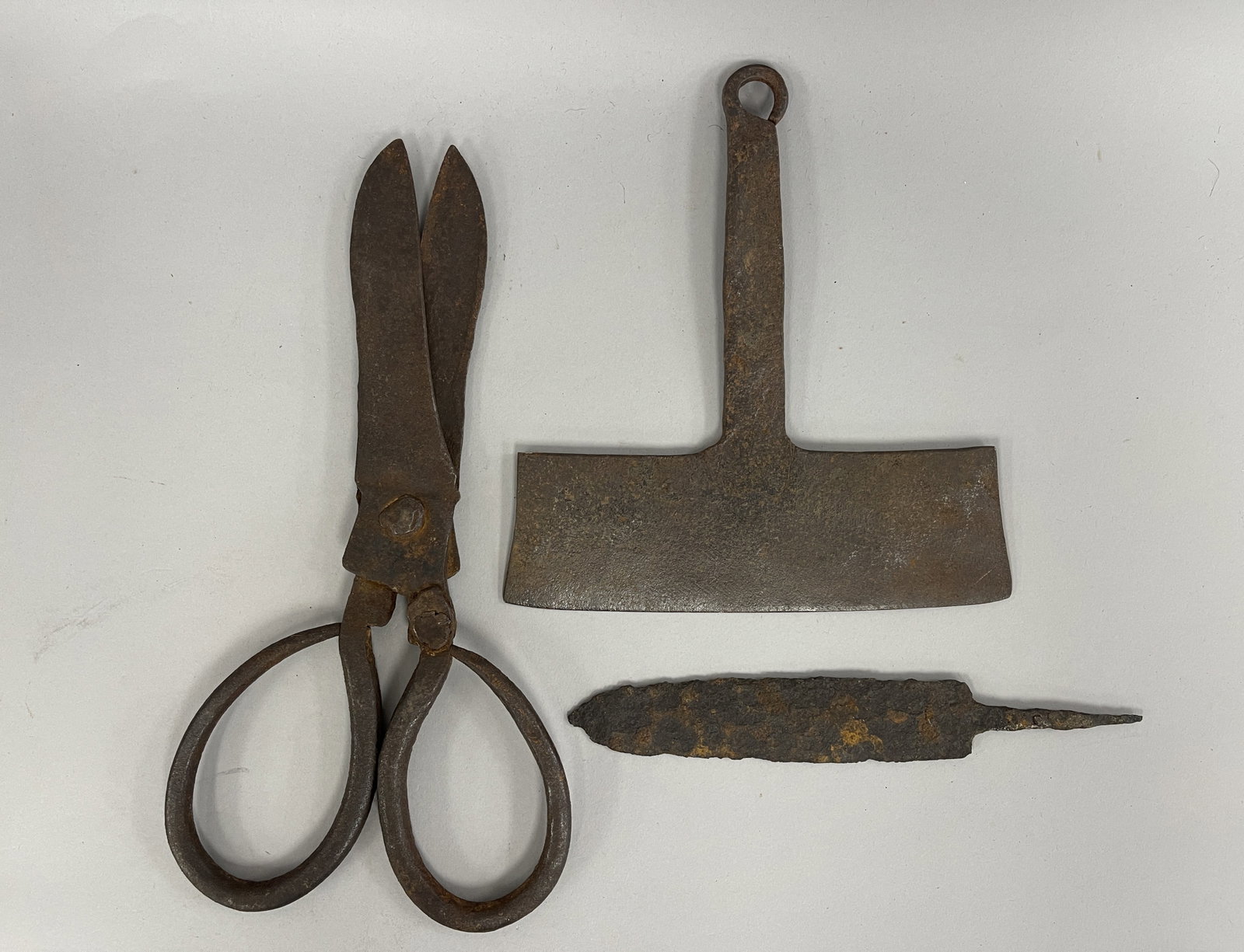 BOX LOT 3PCS. 18TH C W.I. SPEAR HEAD , SHEARS,CHOPPER: BOX LOT 3PCS. 18TH C W.I. SPEAR HEAD , SHEARS,CHOPPER