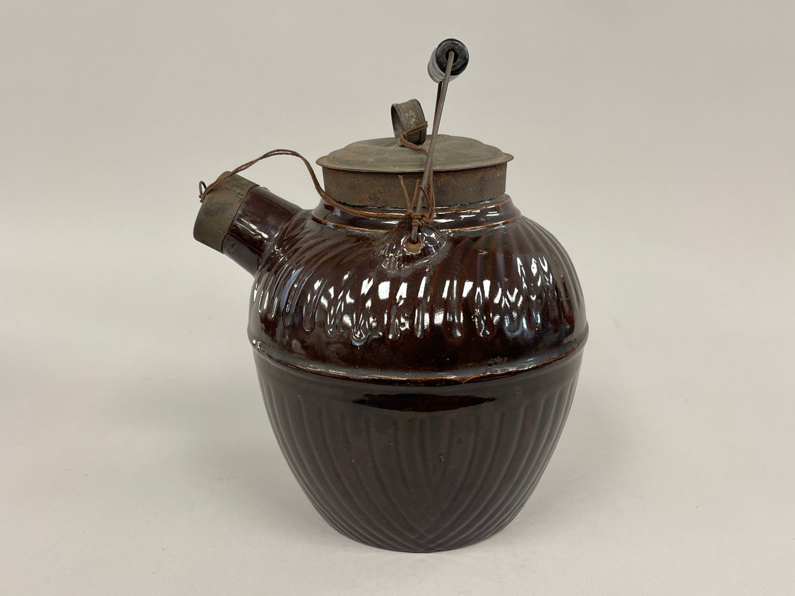 19TH C MOLDED STONEWARE BATTER PAIL: 19TH C MOLDED STONEWARE BATTER PAIL W/ BOTH ORIGINAL TIN COVERS