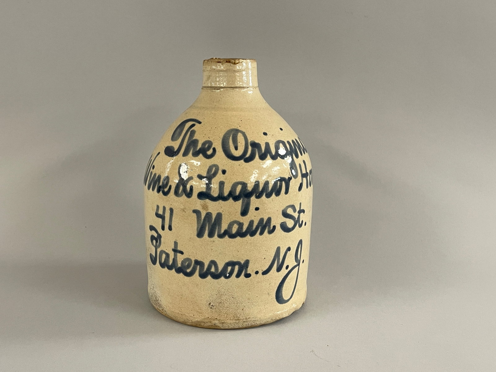 19TH C STONEWARE SCRIPT JUG PATERSON ,NJ: 19TH C STONEWARE SCRIPT JUG PATERSON ,NJ 9"