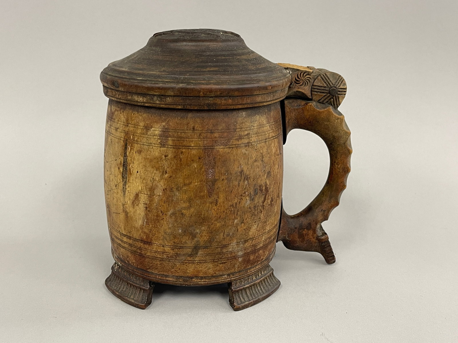 EARLY PRIMITIVE COVERED TANKARDS HAND CARVED (1 of 6)