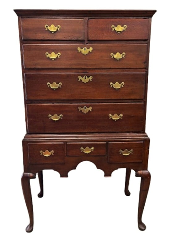 DIMINUTIVE QUEEN ANNE HIGHBOY 1740-1760: DIMINUTIVE QUEEN ANNE HIGHBOY 1740-1760, ORIGINAL NOT A MARRIAGE, OLD, IF NOT ORIGINAL BRASSES, EARLY CONFIGURATION OF BASE WITH 3 DRAWERS, TOP WITH A PAIR OF DRAWERS OVER 3 DRAWERS AS ON A WILLIAM