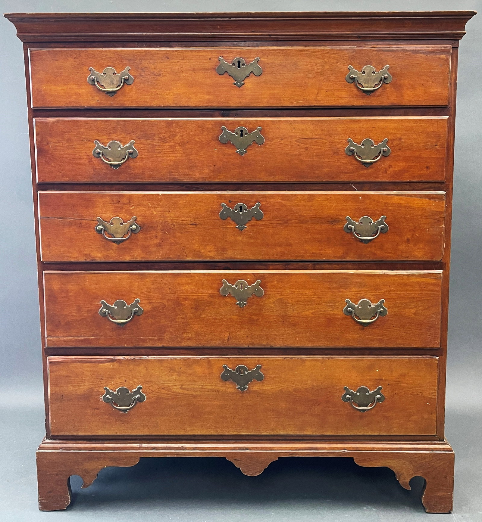 18TH CENTURY CHERRY HIGH CHEST OF DRAWERS: 18TH CENTURY CHERRY HIGH CHEST OF DRAWERS WITH ORIGINAL FEET