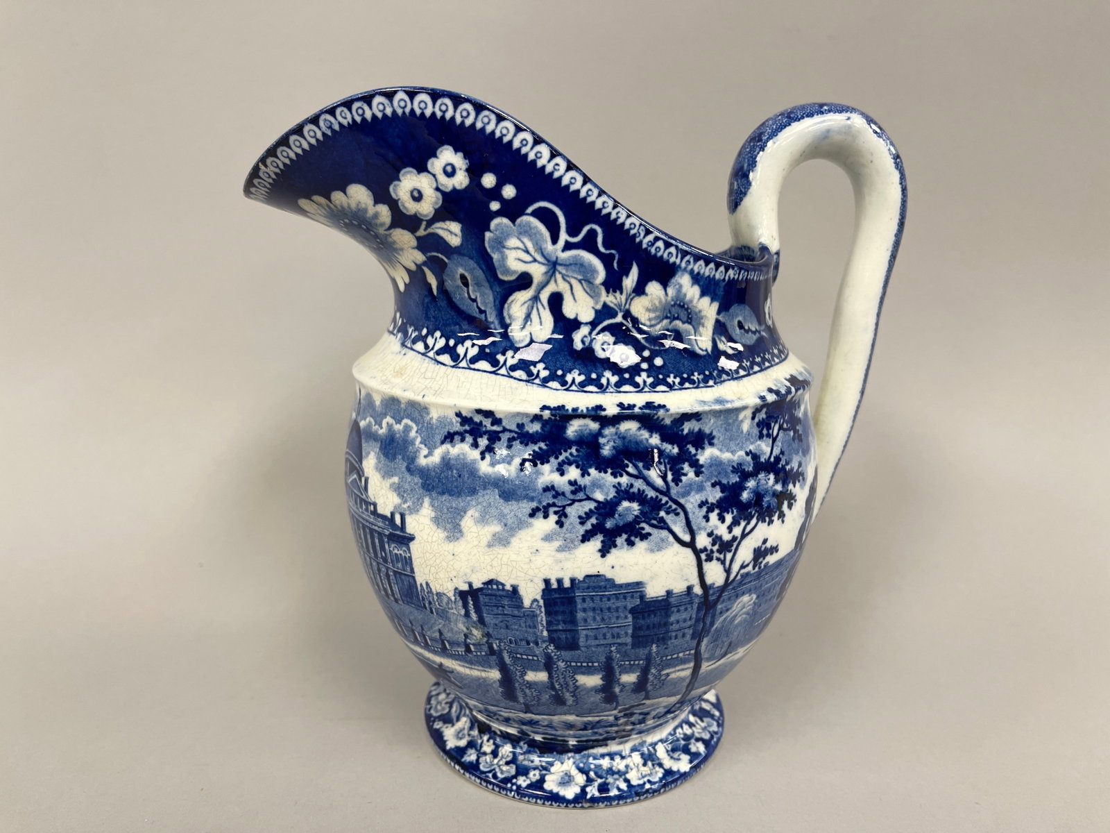 STAFFORDSHIRE AMERICAN VIEWS WATER PITCHER: LARGE SIZE STAFFORDSHIRE AMERICAN VIEWS WATER PITCHER “BOSTON STATE HOUSE”1810-1830