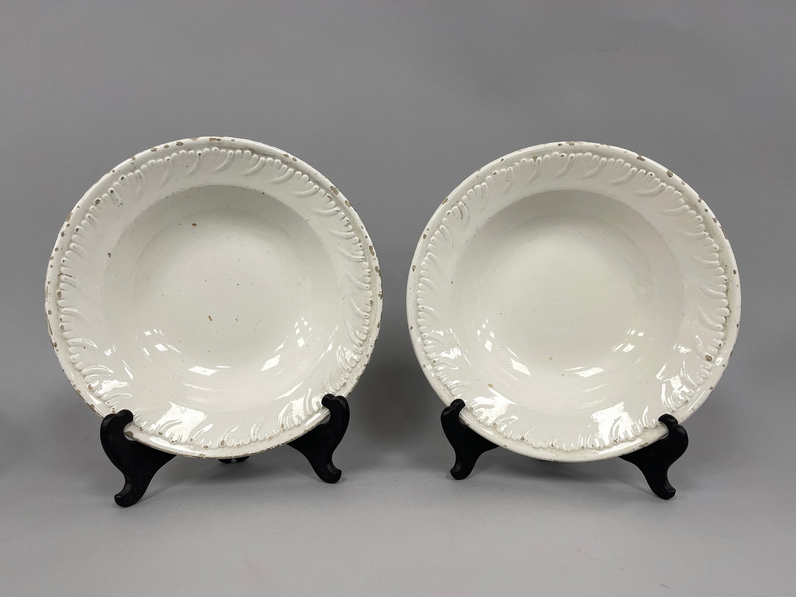 PAIR OF DELFT EARTHENWARE SOUP PLATES: VERY UNUSUAL PAIR OF DELFT EARTHENWARE SOUP PLATES BASED ON JOSIAH WEDGWOOD’S MOLDED LIP QUEENSWARE 1780