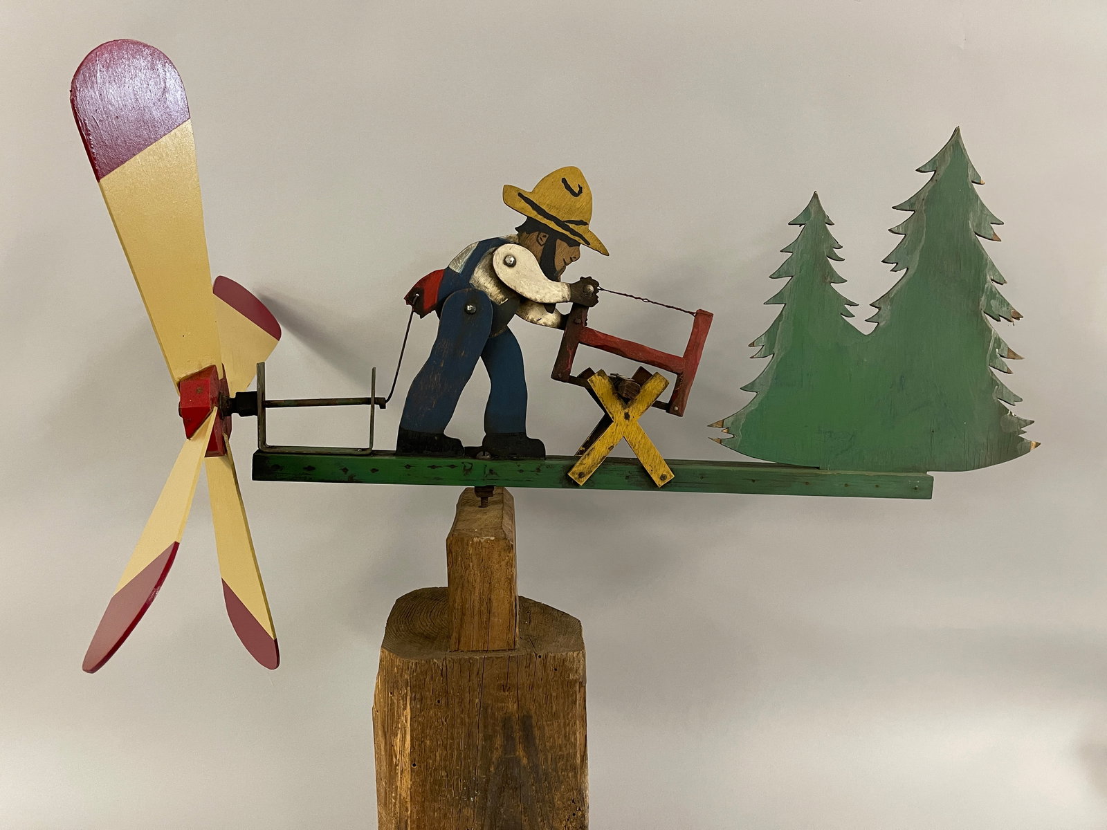 PAINTING WHIRLIGIG MAN SAWING WOOD: PAINTING WHIRLIGIG MAN SAWING WOOD (STAND INCLUDED IF DESIRED) 27" X 19 , 27" X 28W STAND