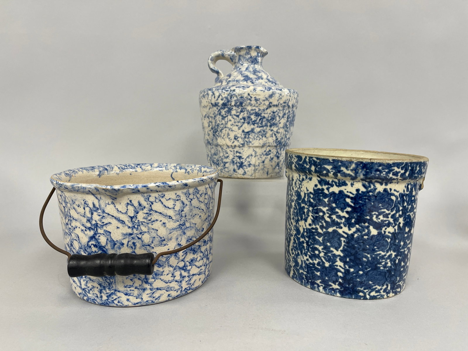 TWO SPONGEWARE BUTTER CROCKS & PITCHER: TWO SPONGEWARE BUTTER CROCKS & PITCHER