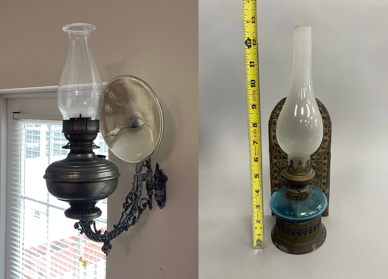 VICTORIAN OIL LAMP FOR WALL WITH BRACKET: VICTORIAN OIL LAMP FOR WALL WITH BRACKET BLUE GLASS PIERCED TIN OIL LAMP