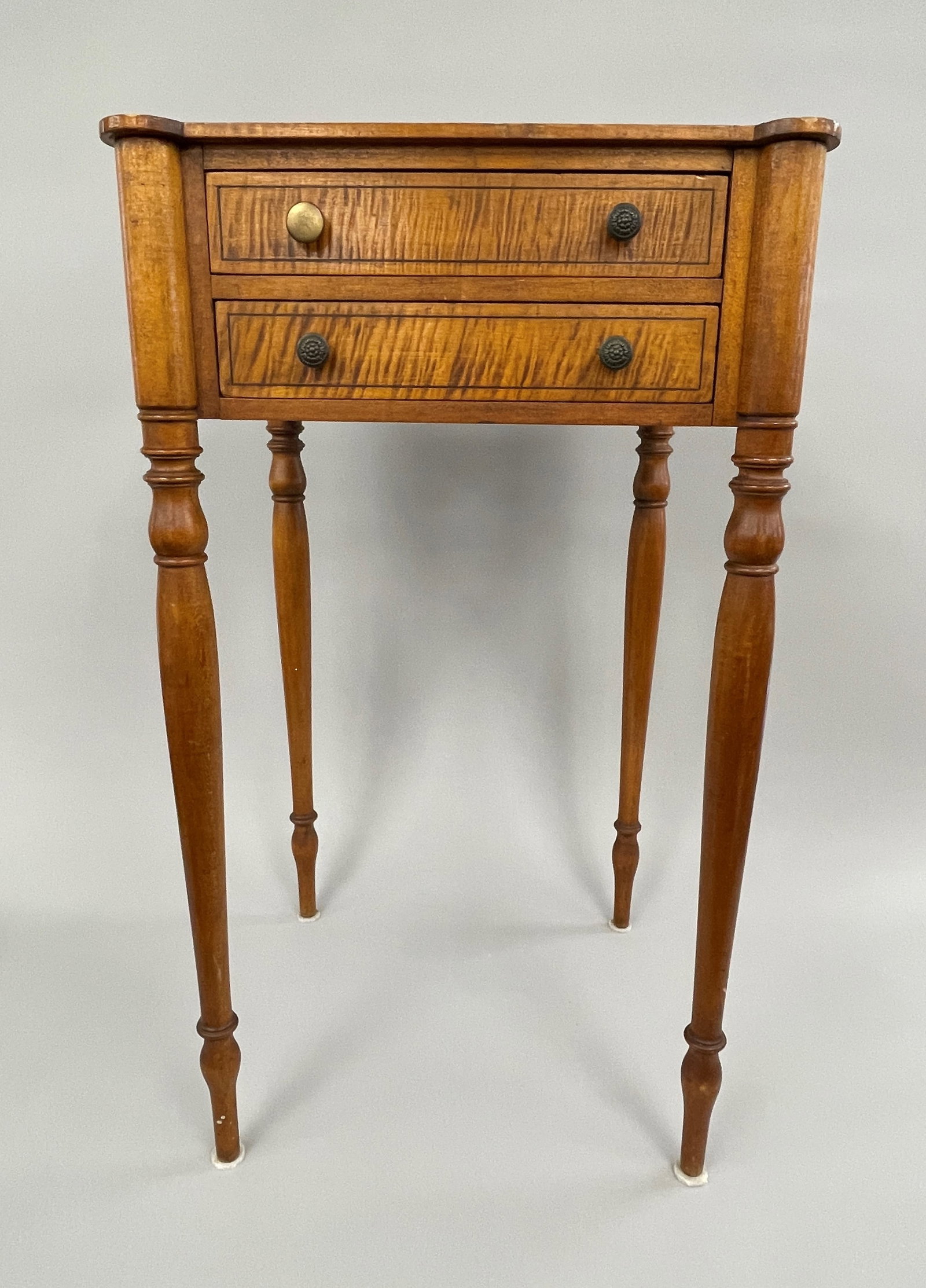 TWO DRAWER LEG SHERATON STAND IN TIGER MAPLE (1 of 8)