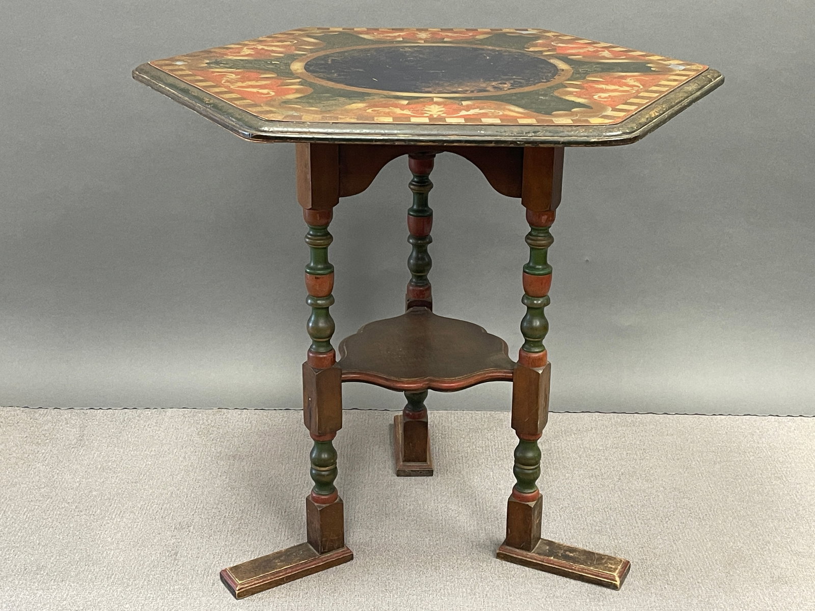 HEXAGONAL CENTER TABLE: HEXAGONAL CENTER TABLE W/ HIGHLY DECORATIVE PAINTWORK IN GREAT CONDITION 27 X 32 X 29T