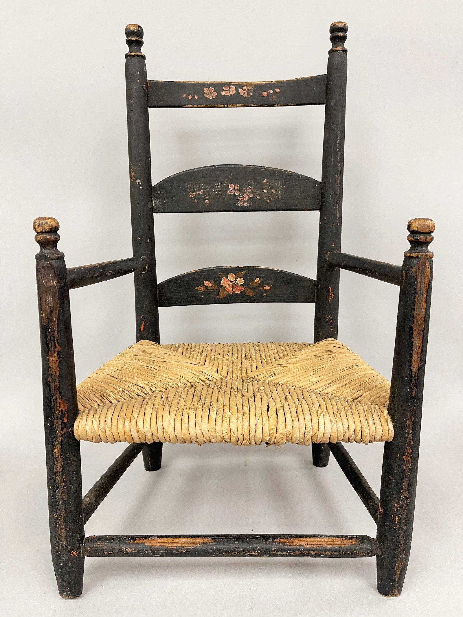 PAINTED DECORATED CHILDS ARMCHAIR, LADDERBACK, HAND PAINTED, 14 X 25 X 8 SEAT (1 of 3)