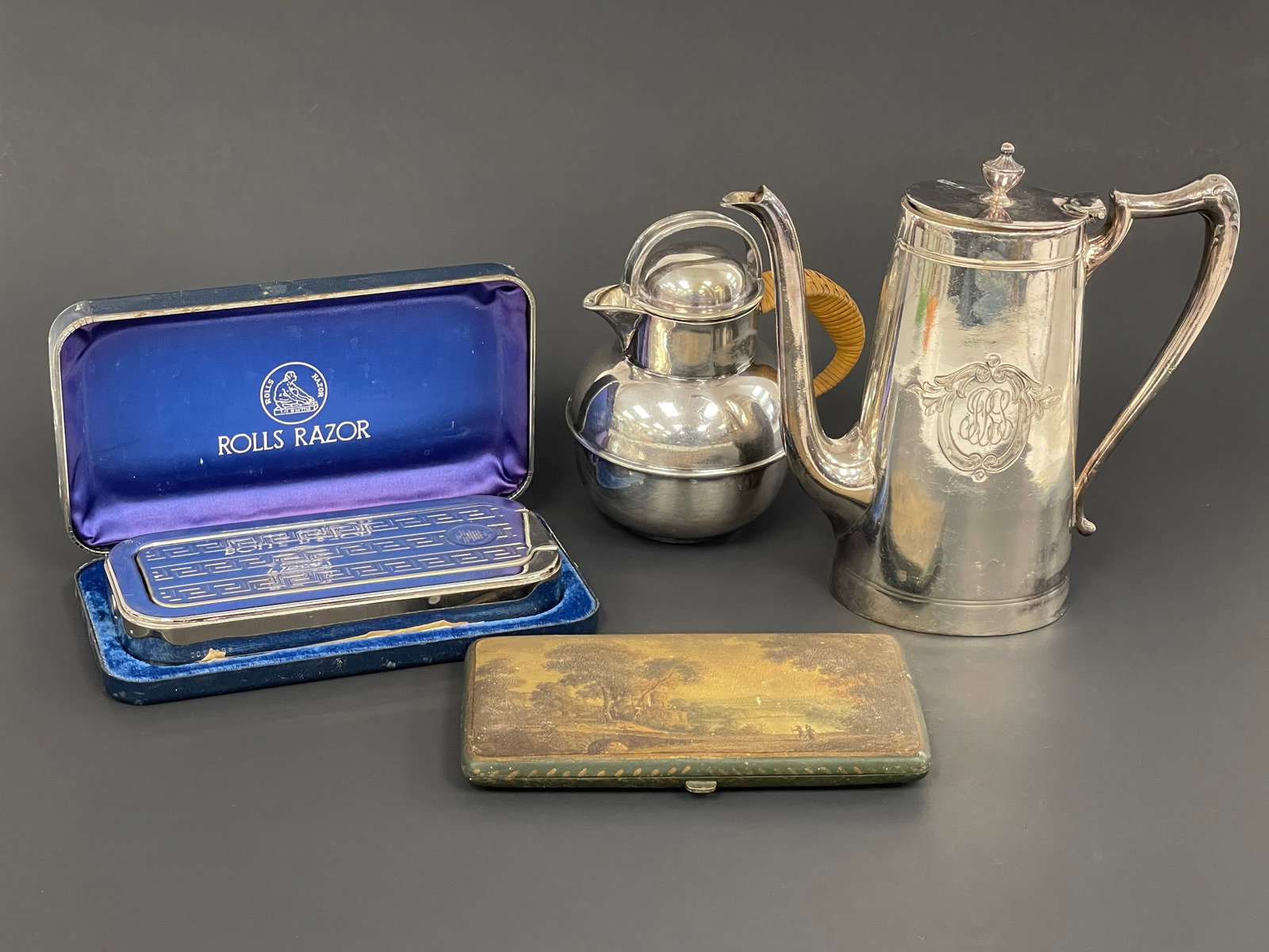 MISC ESTATE ARTICLES: MISC ESTATE ARTICLES , ROLL AND RAZOR , PAINTED CIGARETTE CASE , TEA POT, DEMITASSE POT
