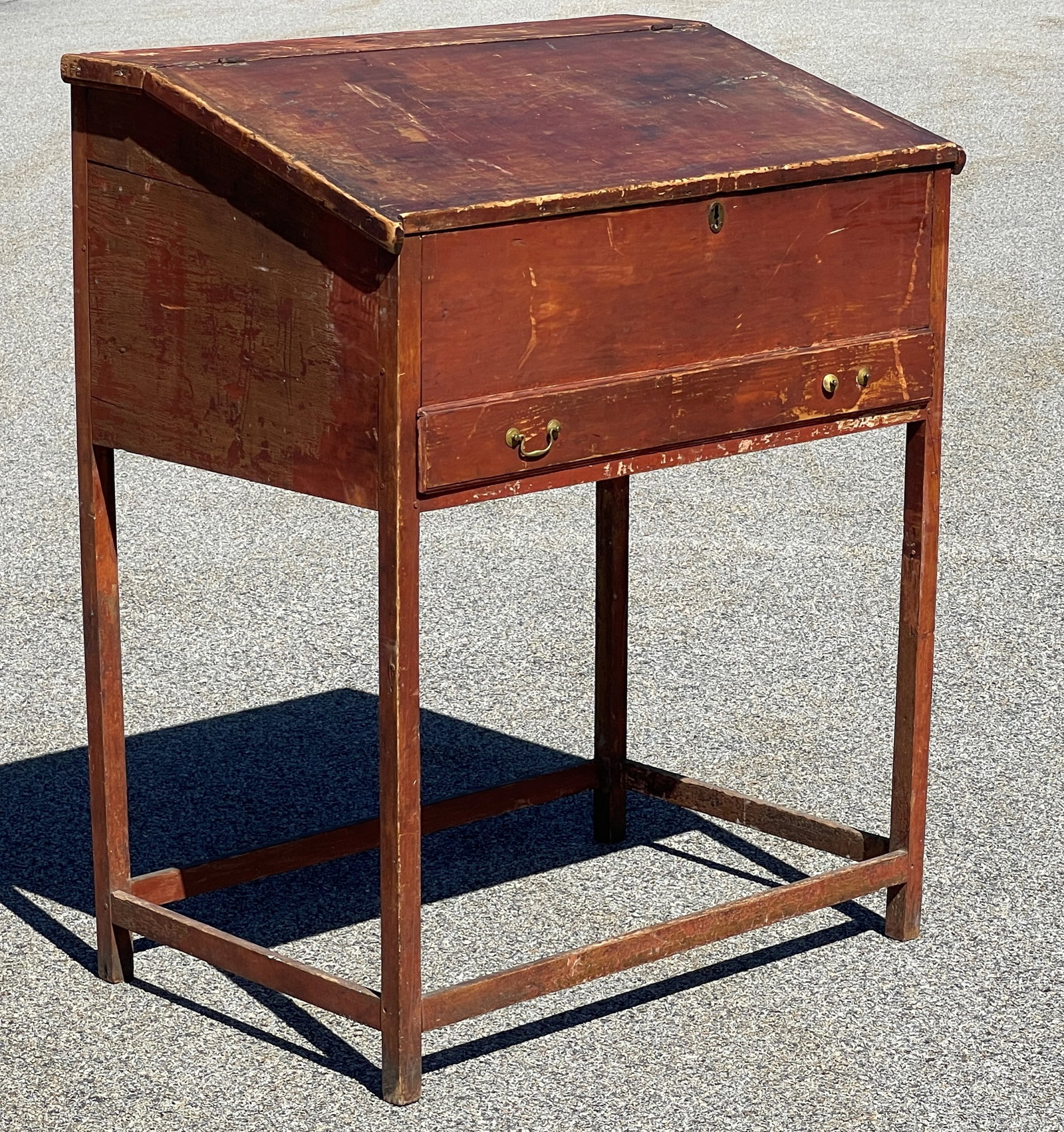 RED PAINTED SLANT FRONT DESK: RED PAINTED SLANT FRONT SCHOOLMASTER'S DESK, INTERIOR COMPARTMENTS, ONE DRAWER, ORIGINAL PAINT, 40 X 26 50T