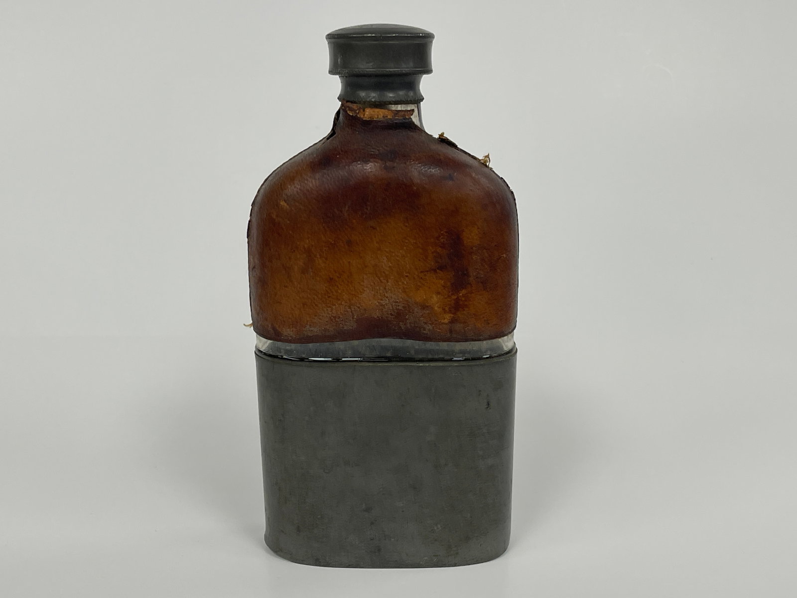 19TH C LEATHER / PEWTER FLASK: 19TH C LEATHER / PEWTER FLASK
