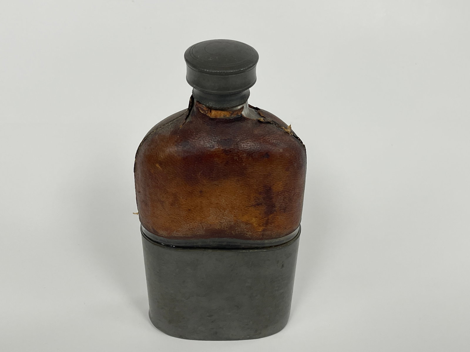 19TH C LEATHER / PEWTER FLASK - 2