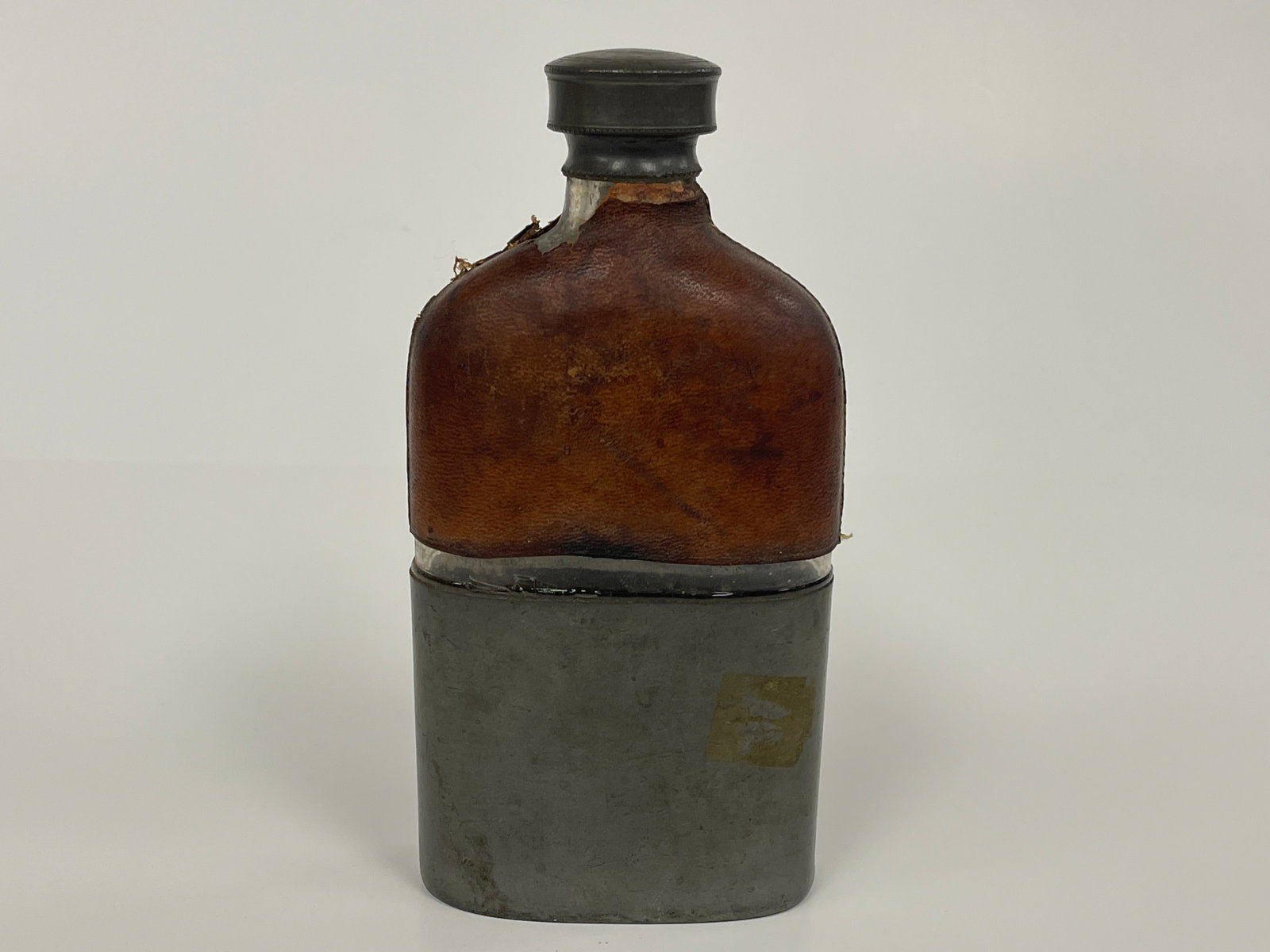 19TH C LEATHER / PEWTER FLASK - 3