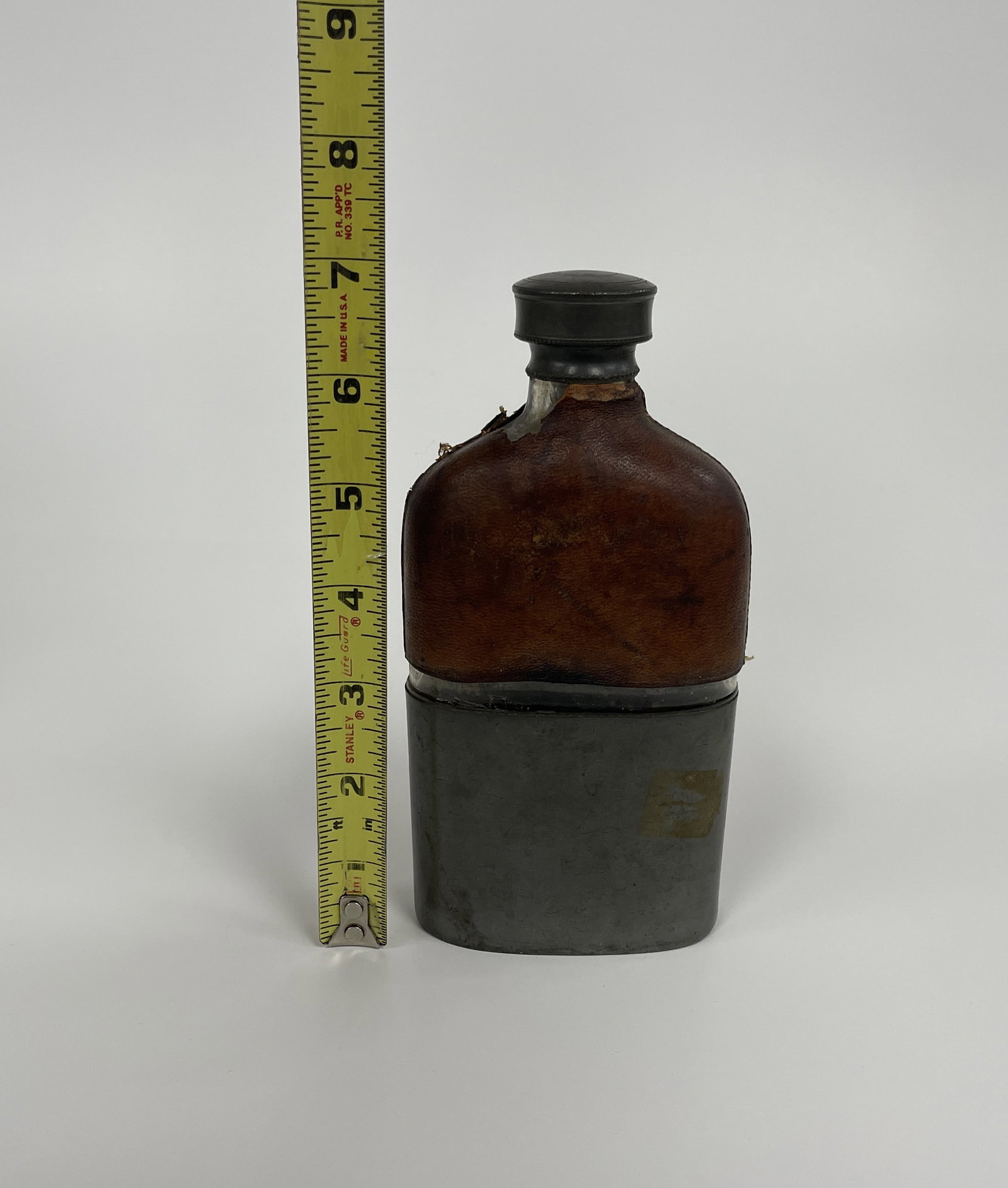 19TH C LEATHER / PEWTER FLASK - 5