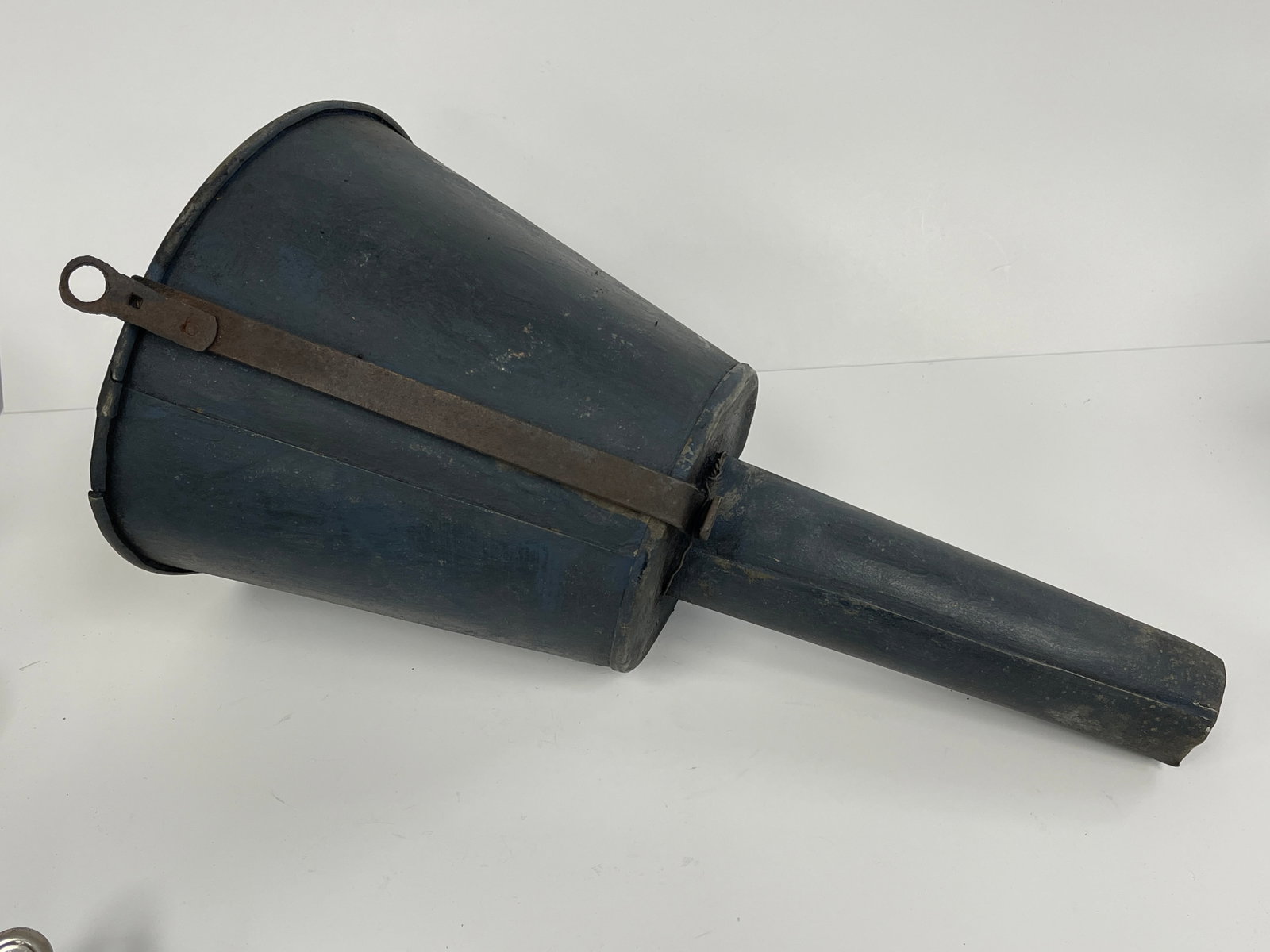FRENCH BLUE WINE FUNNEL W/ ORIGINAL BRASS LABEL: EARLY INTERESTING FRENCH BLUE WINE FUNNEL W/ ORIGINAL BRASS LABEL& FUN MAKE-DO IRON HANGER