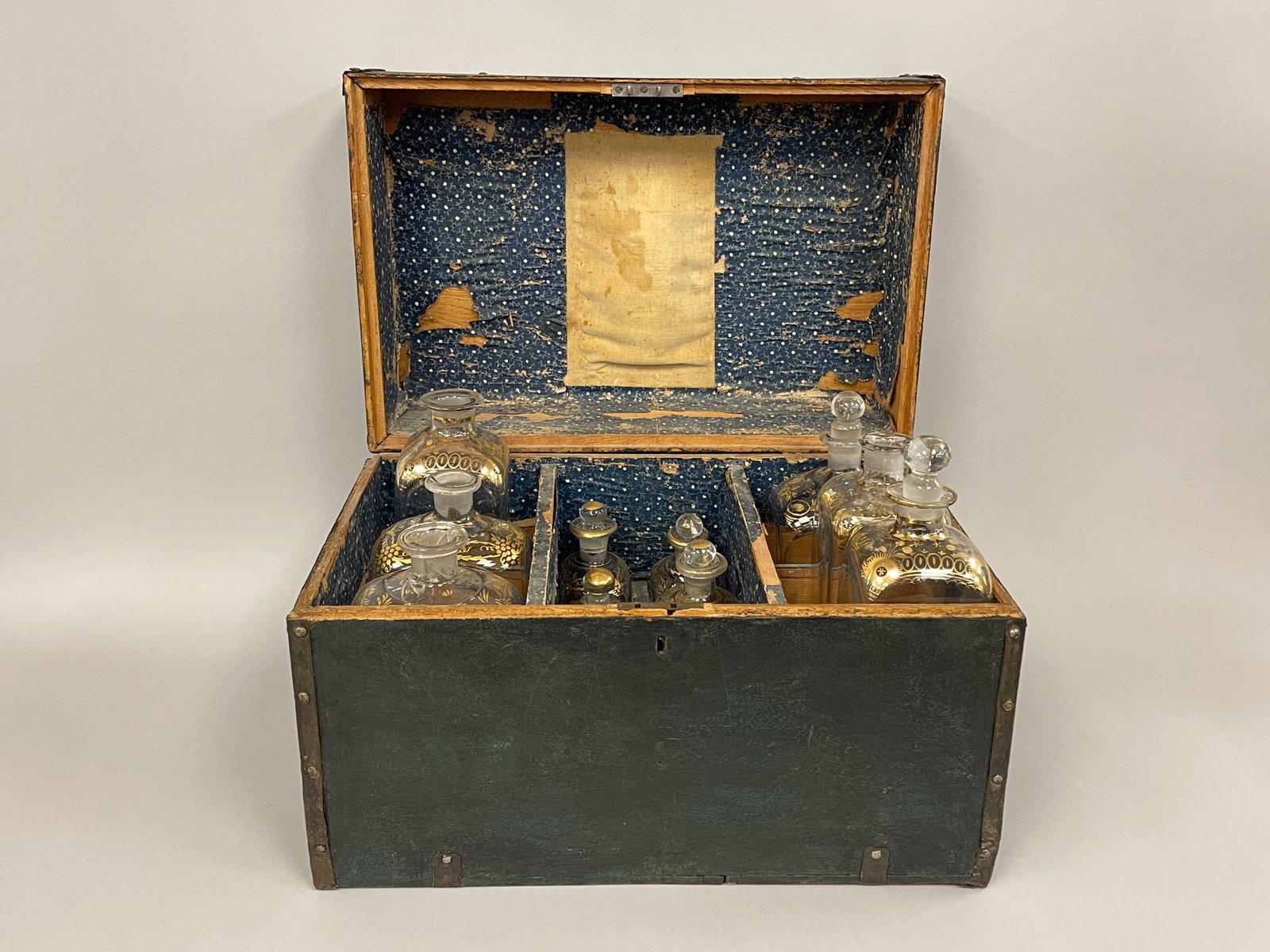 CAPTAIN'S CHEST WITH ORNATE BOTTLES: CAPTAIN'S CHEST WITH ORNATE BOTTLES 16" X 11" X 11"