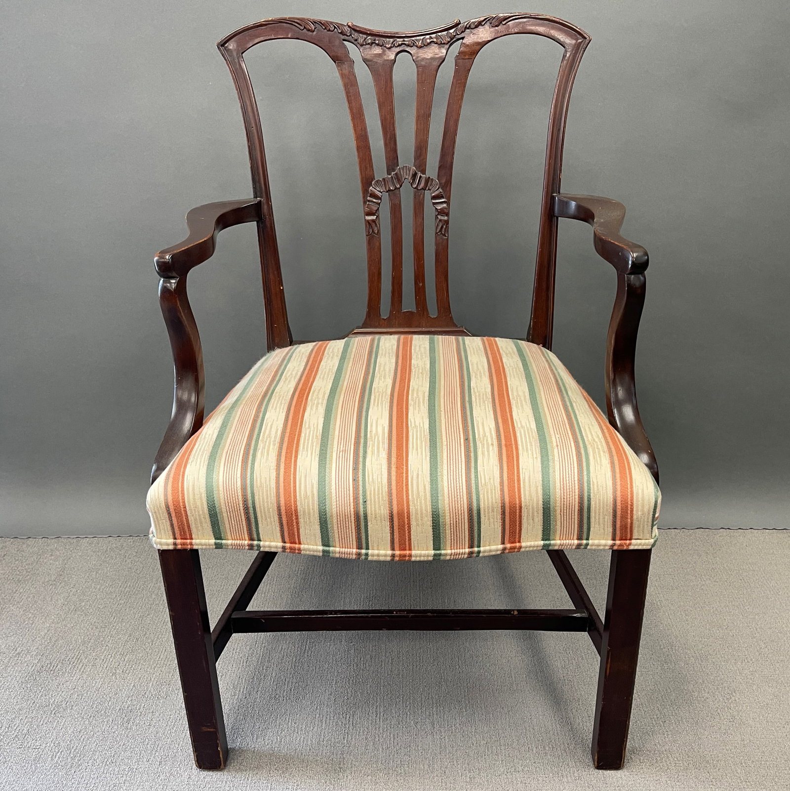 CHIPPENDALE ARM CHAIR: CHIPPENDALE ARM CHAIR WITH PHILADELPHIA UPHOLSTERY TAG
