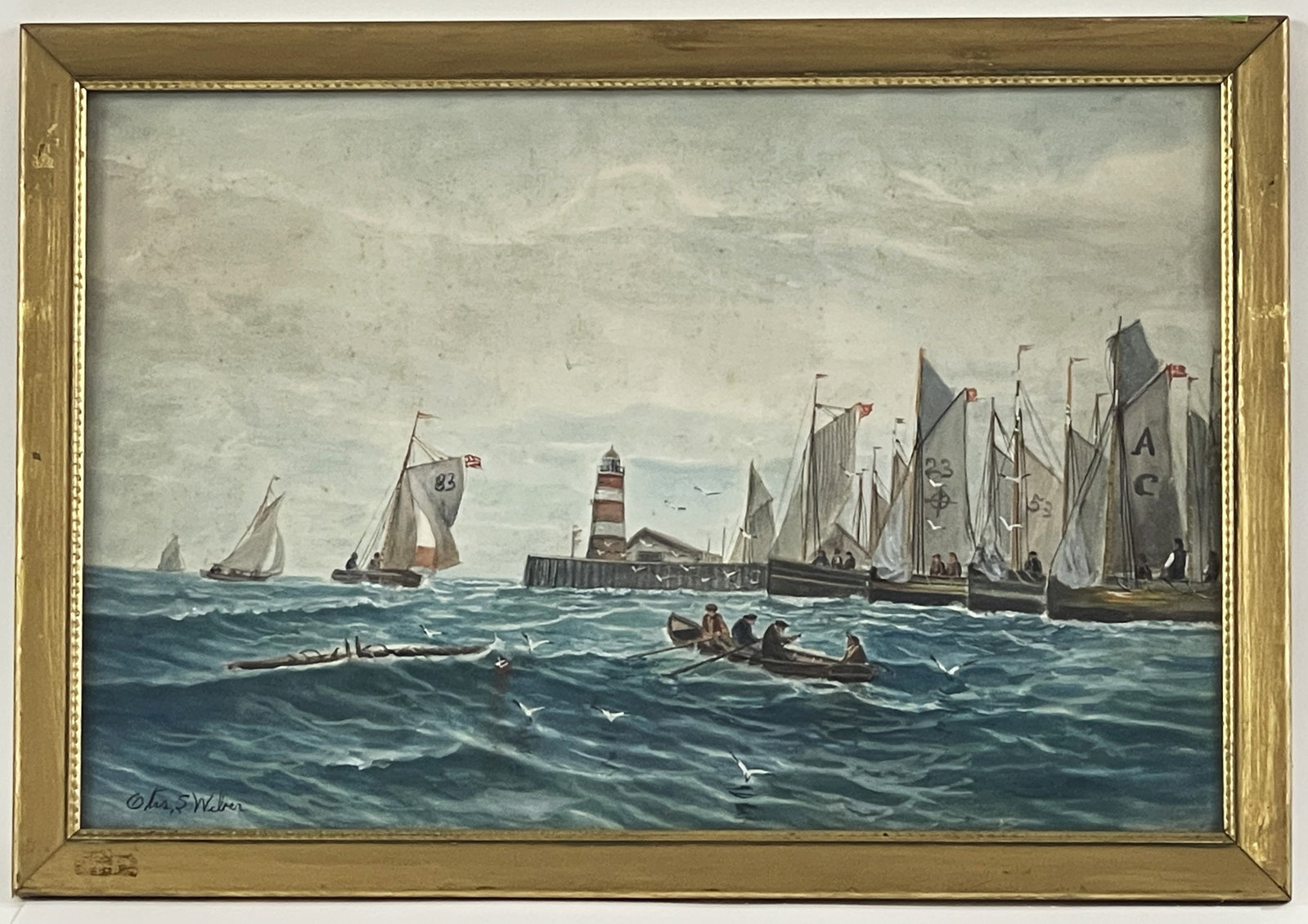 OTIS WEBER MARINE W/C: OTIS WEBER MARINE W/C, SIGNED LL, SEE BACK, LATE 19TH CENTURY, MARINE WATERCOLOR, LISTED ARTIST (1832-1888) 20 X 29