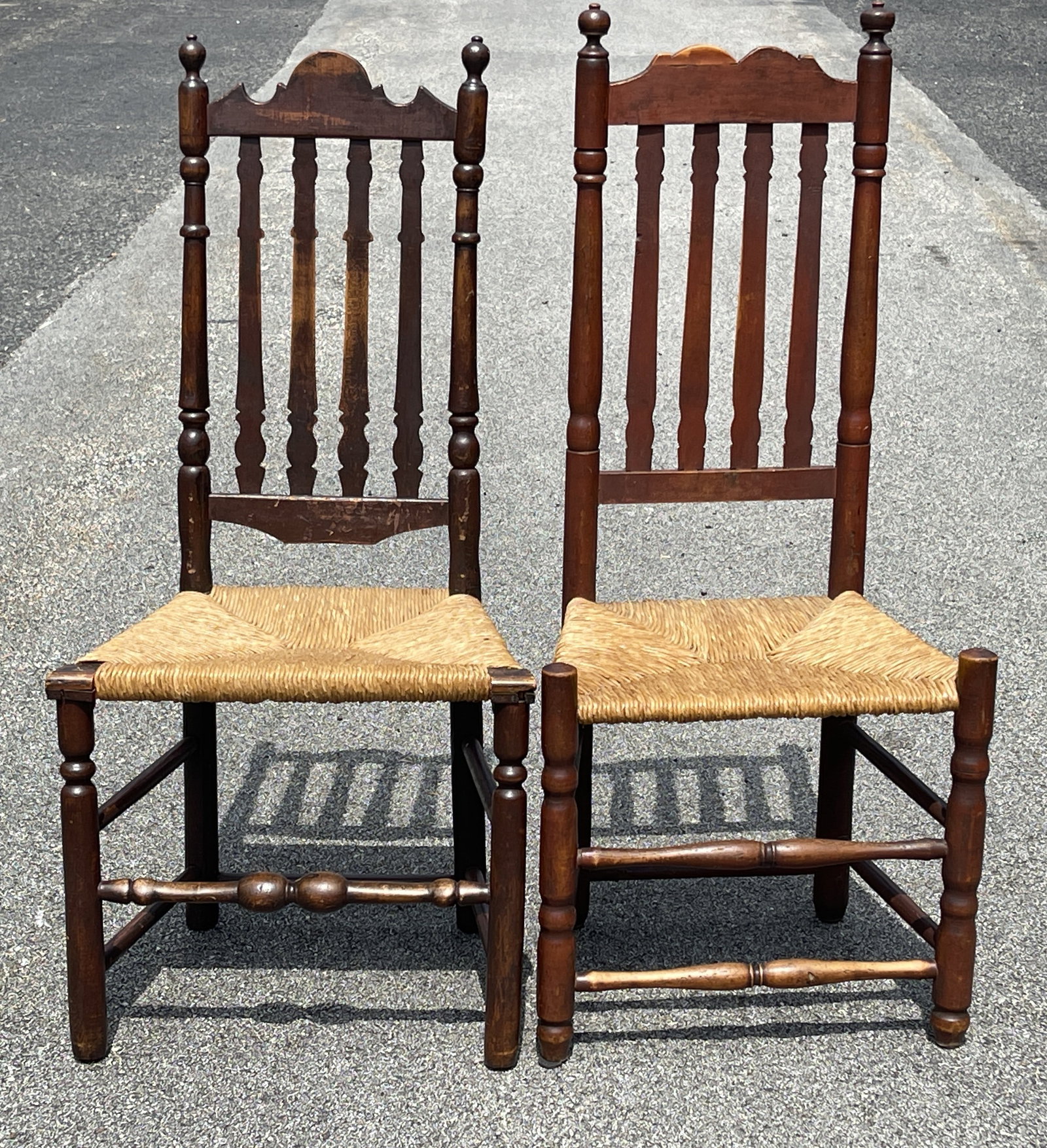 PAIR 18TH C BANISTER BACK SIDE CHAIRS: PAIR 18TH C BANISTER BACK SIDE CHAIRS, 43 X 17, 42 X 18