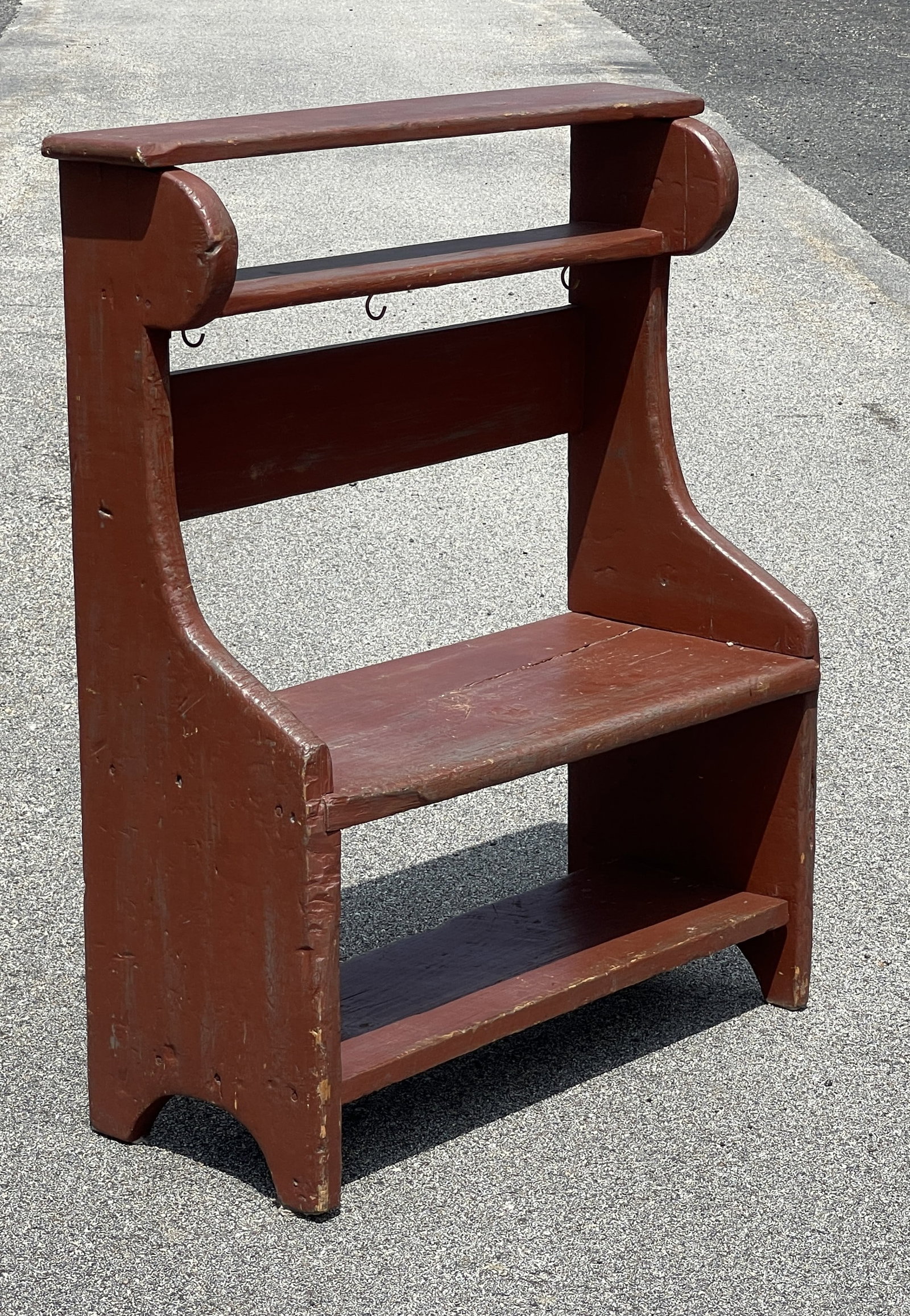 EARLY RED PAINTED BUCKET BENCH: EARLY RED PAINTED BUCKET BENCH, 34 X 14 X 40