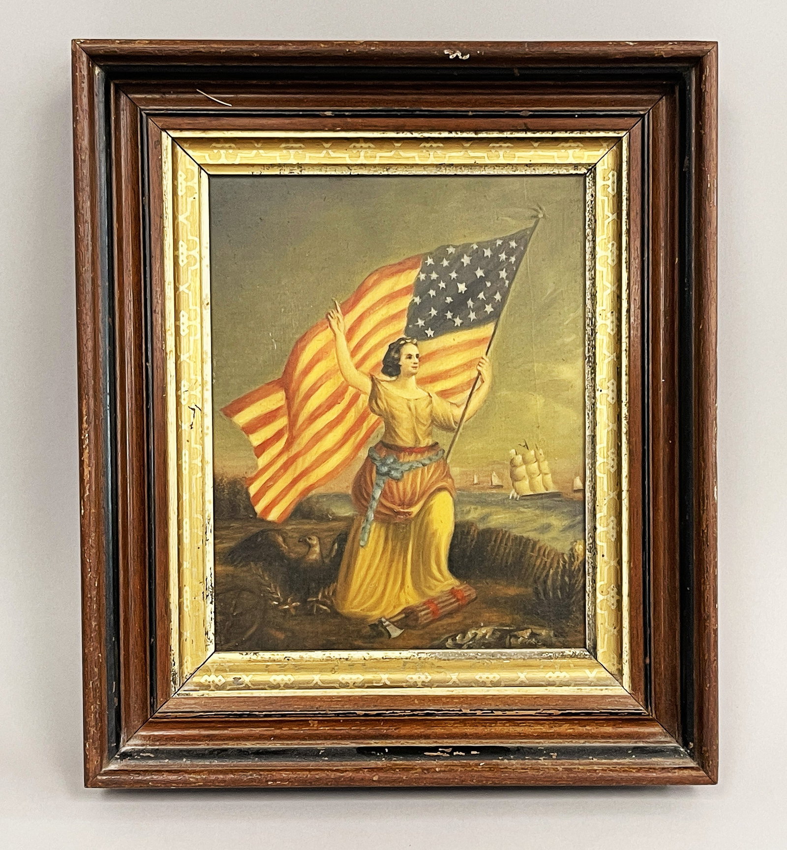 PAINTING, LADY LIBERTY AT SHORELINE: PAINTING, LADY LIBERTY AT SHORELINE OIL ON POPLAR PANEL, MID 19TH C, ORIGINAL FRAME, SUPERB UNTOUCHED ORIGINAL CONDITION.