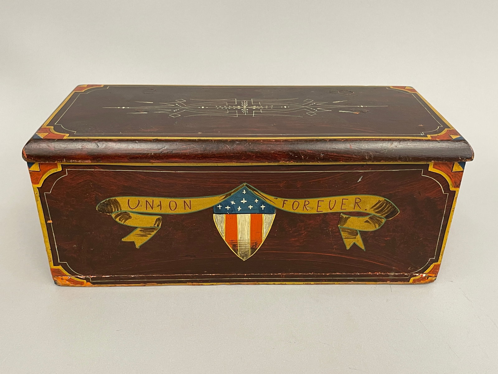 “UNION FOREVER?? DOCUMENT BOX: “UNION FOREVER” DOCUMENT BOX BOLD ORIGINAL PAINT DECORATION, C 1820, PINE, EXCELLENT UNTOUCHED ORIGINAL CONDITION.