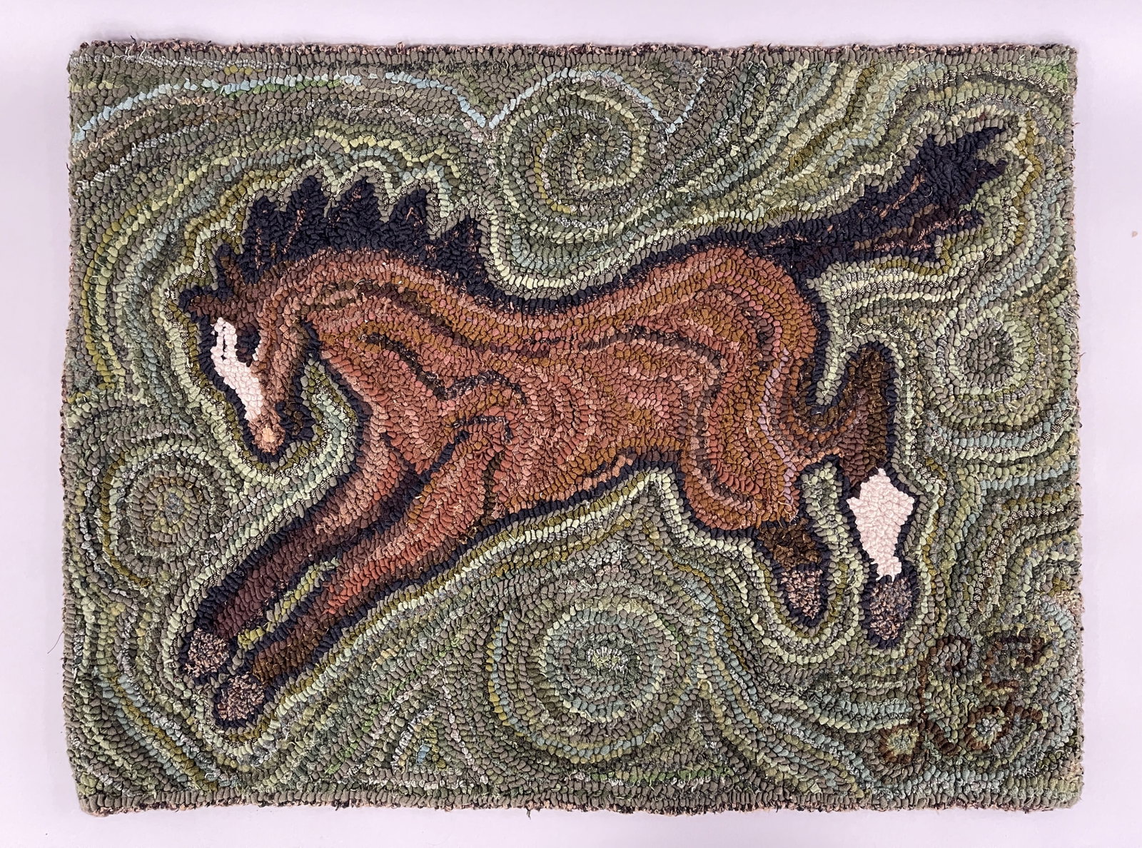 HORSE HOOKED RUG: HORSE HOOKED RUG 19TH C, VIBRANT COLORS, COTTON, EXCELLENT UNUSED CONDITION.