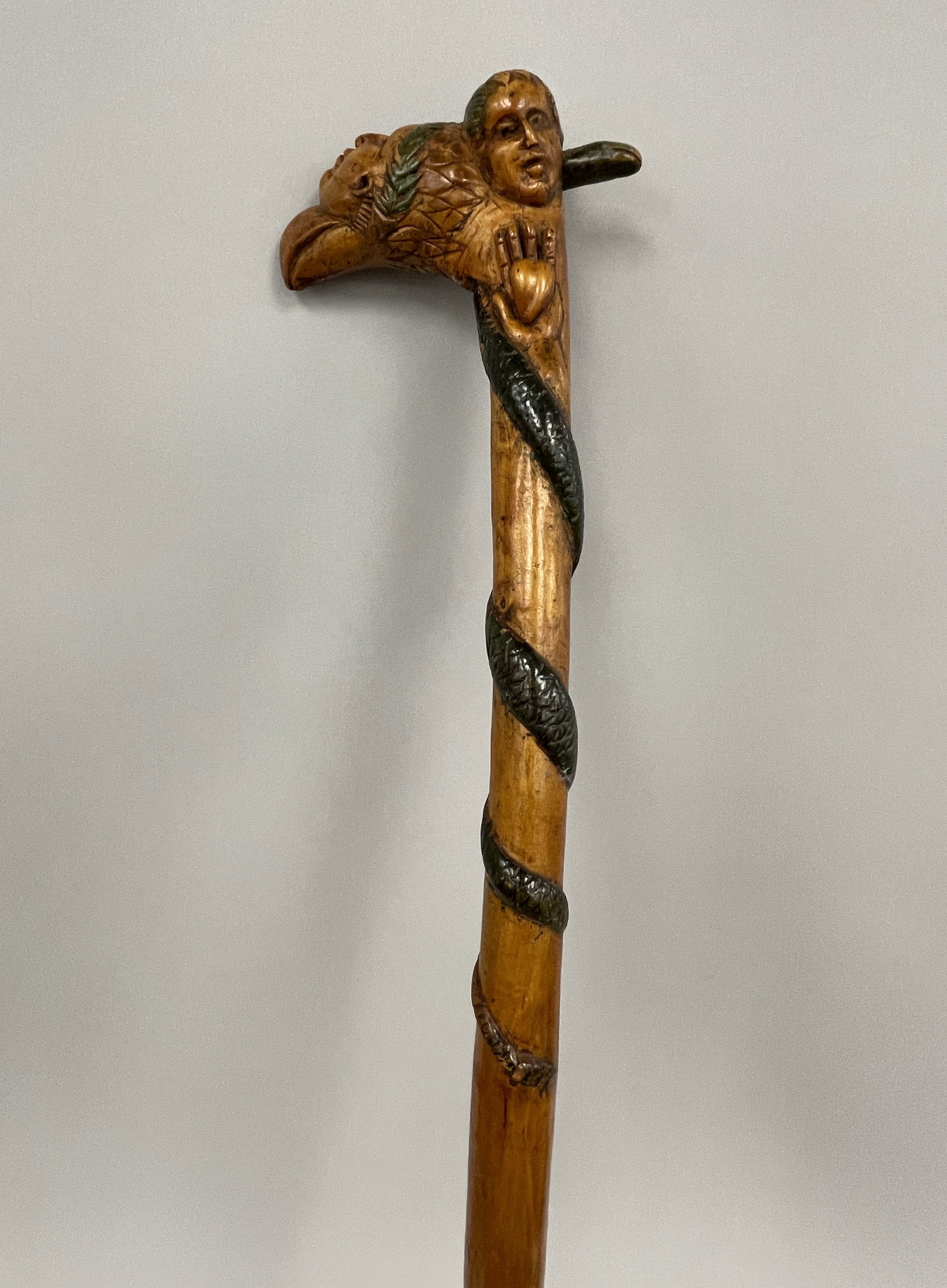 EAGLE & PORTRAITS WALKING STICK: EAGLE & PORTRAITS WALKING STICK ELABORATELY CARVED, INTERTWINED EAGLE HEAD, PORTRAITS, HEART IN HAND MOTIFS, ORIGINAL SURFACES, 19TH C, HARDWOOD, EXCELLENT CONDITION.