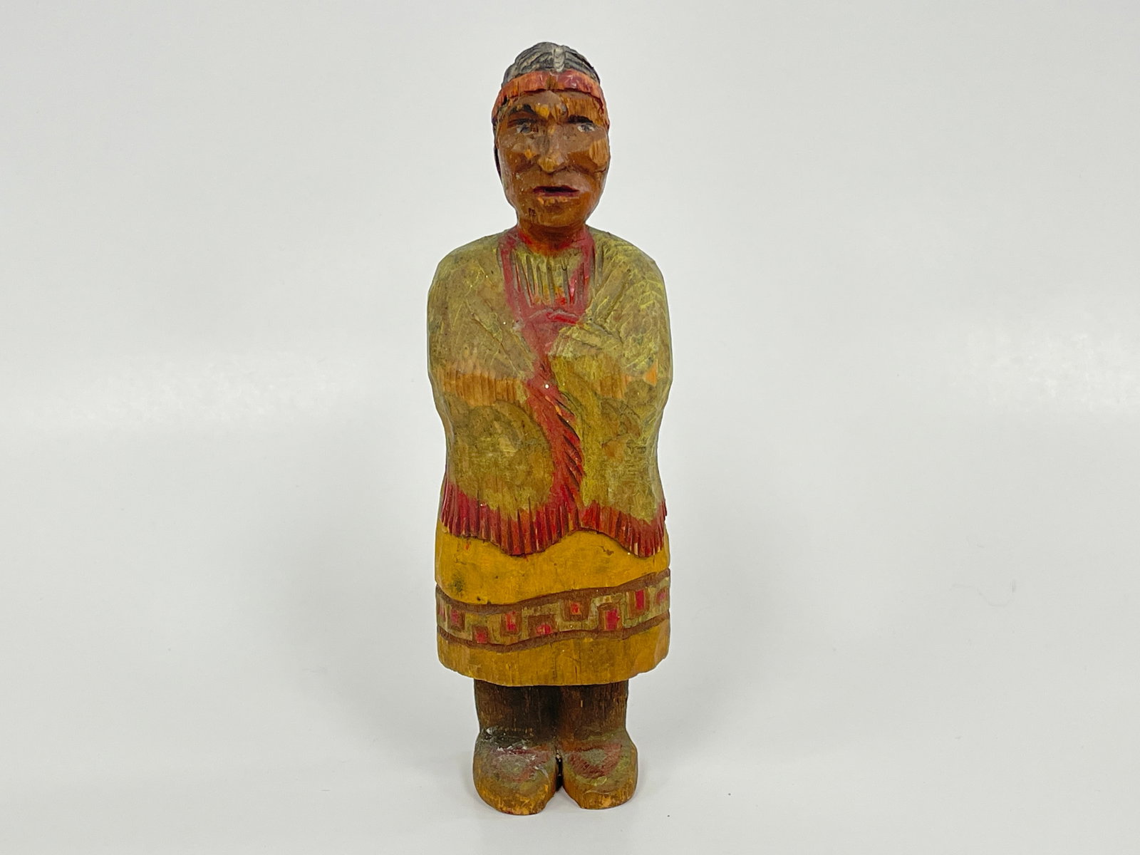 FOLK ART CARVED INDIAN: FOLK ART CARVED INDIAN ORIGINAL PAINT FULL BODIED 2 FEATHER HEADDRESS, LATE 19TH C, EXCELLENT CONDITION.