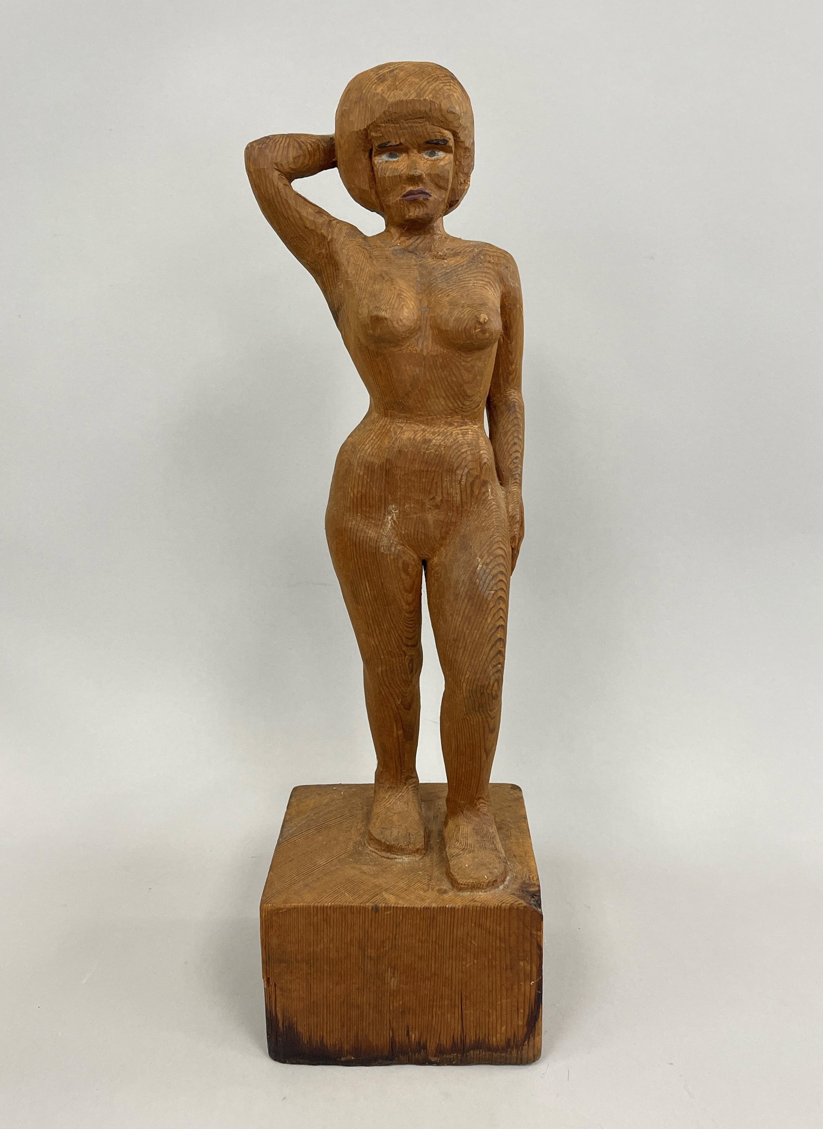 CARVED NUDE: CARVED NUDE ORIGINAL SURFACES, PINE, FULL BODIED WITH RAISED ARM, EARLY 20TH C, EXCELLENT CONDITION.