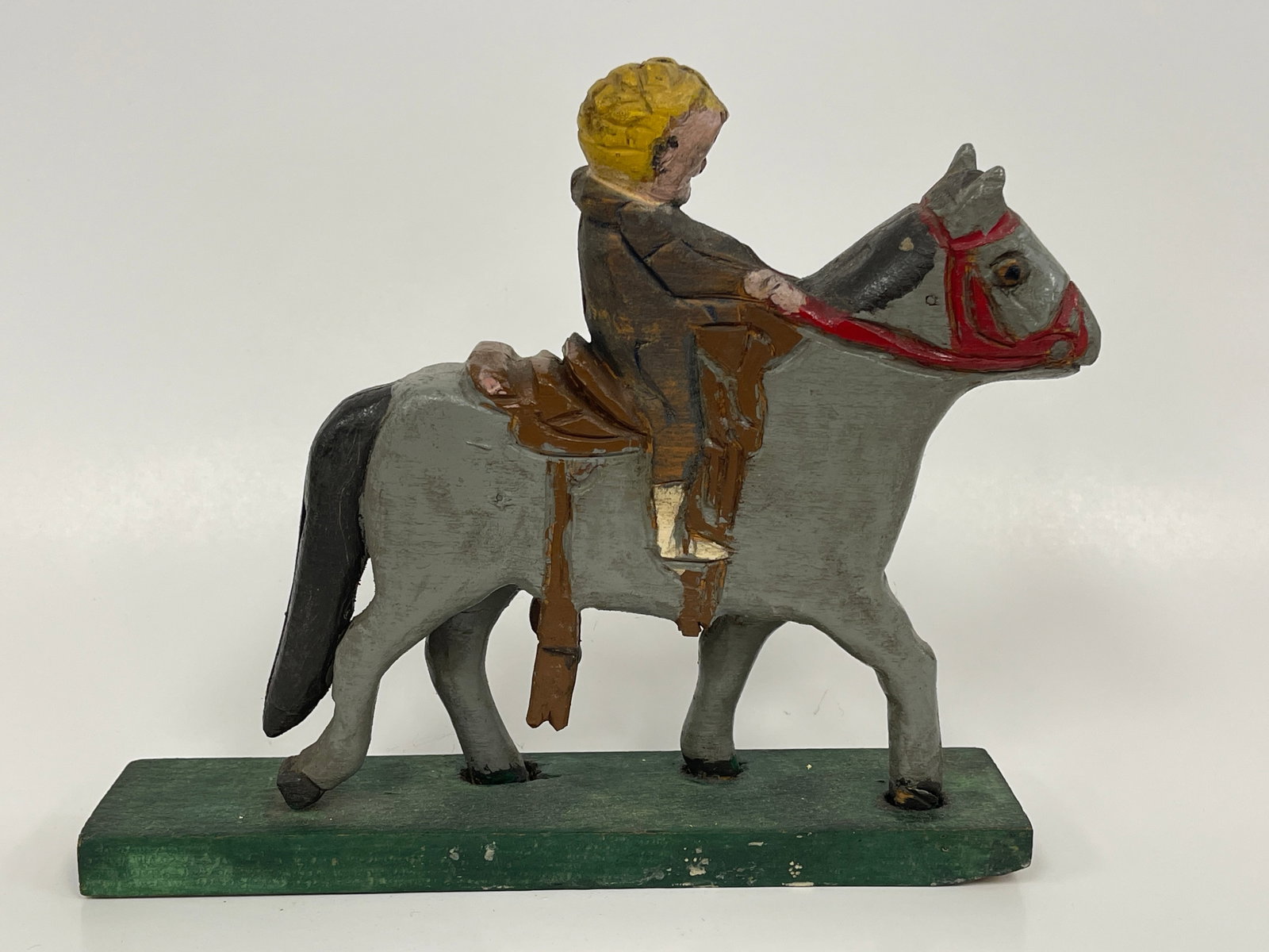 HORSE & RIDER CARVING: HORSE & RIDER CARVING ORIGINAL PAINT, GRAY HORSE, PINE, FULL BODIED, EARLY 20TH C, EXCELLENT CONDITION.