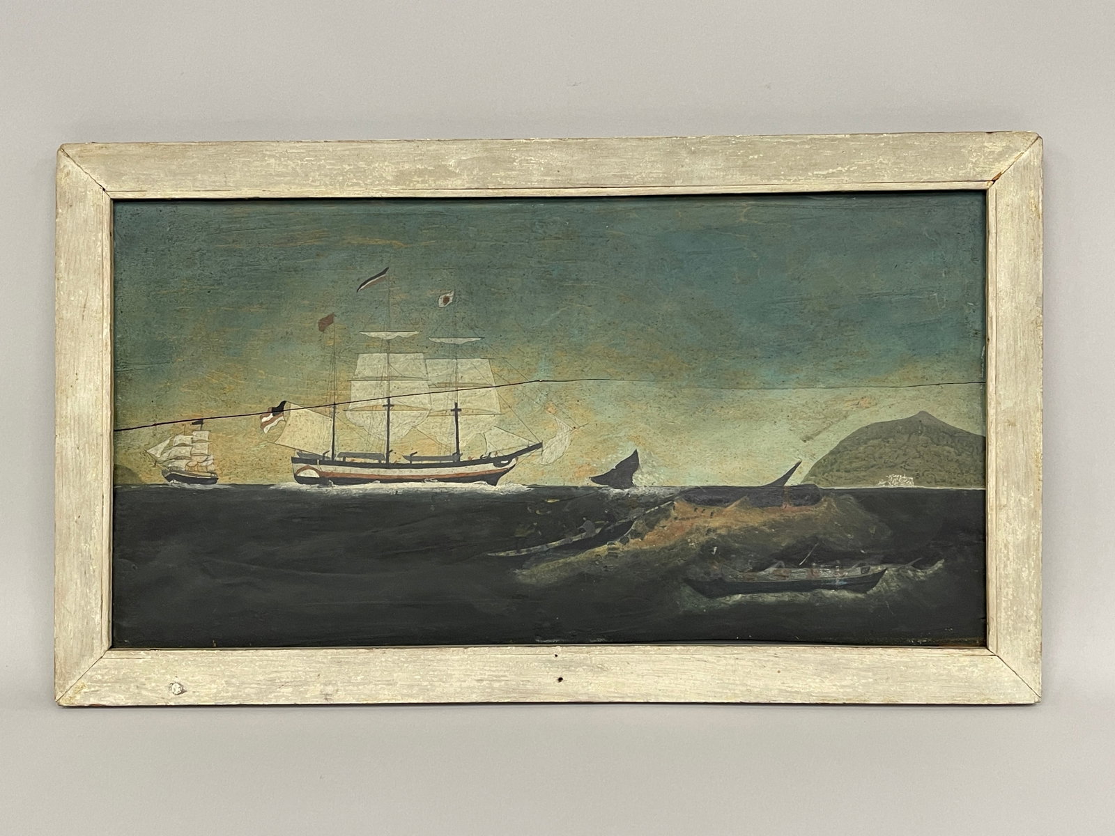WHALING SCENE PAINTING: WHALING SCENE PAINTING OIL ON PINE PANEL, LATE 19TH C, EXCELLENT CONDITION.