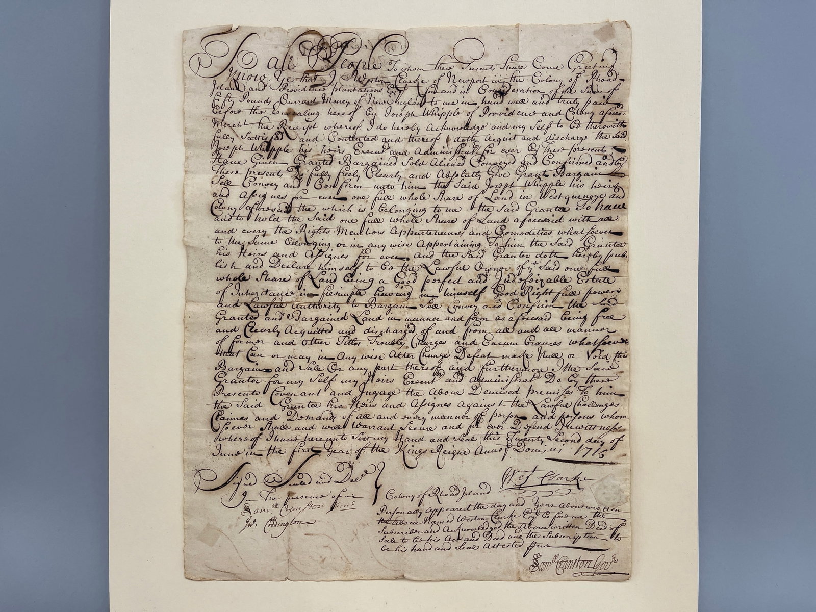 1715 DATED DOCUMENT: 1715 DATED DOCUMENT, NEWPORT, RI LAND DEED, FINE CALLIGRAPHY, UNFRAMED,OVERALL GOOD CONDITION, EXPECTED WEAR