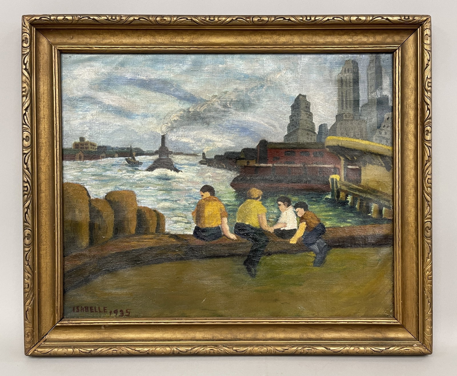 BOYS HARBORSIDE PAINTING: BOYS HARBORSIDE PAINTING COLORFUL O/C, DATED 1935, EXCELLENT CONDITION.