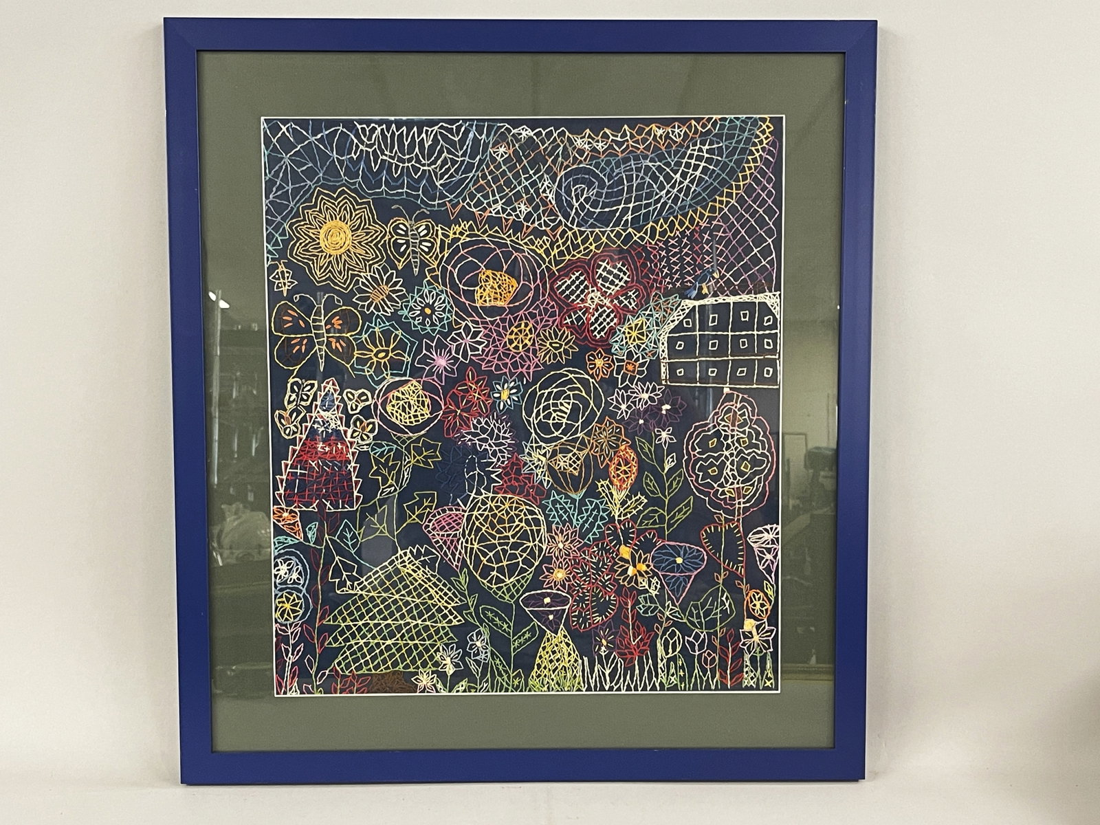 EMBROIDERY WITH HOUSE: EMBROIDERY WITH HOUSE COLORFULLY DETAILED, 19TH C, EXCELLENT CONDITION.